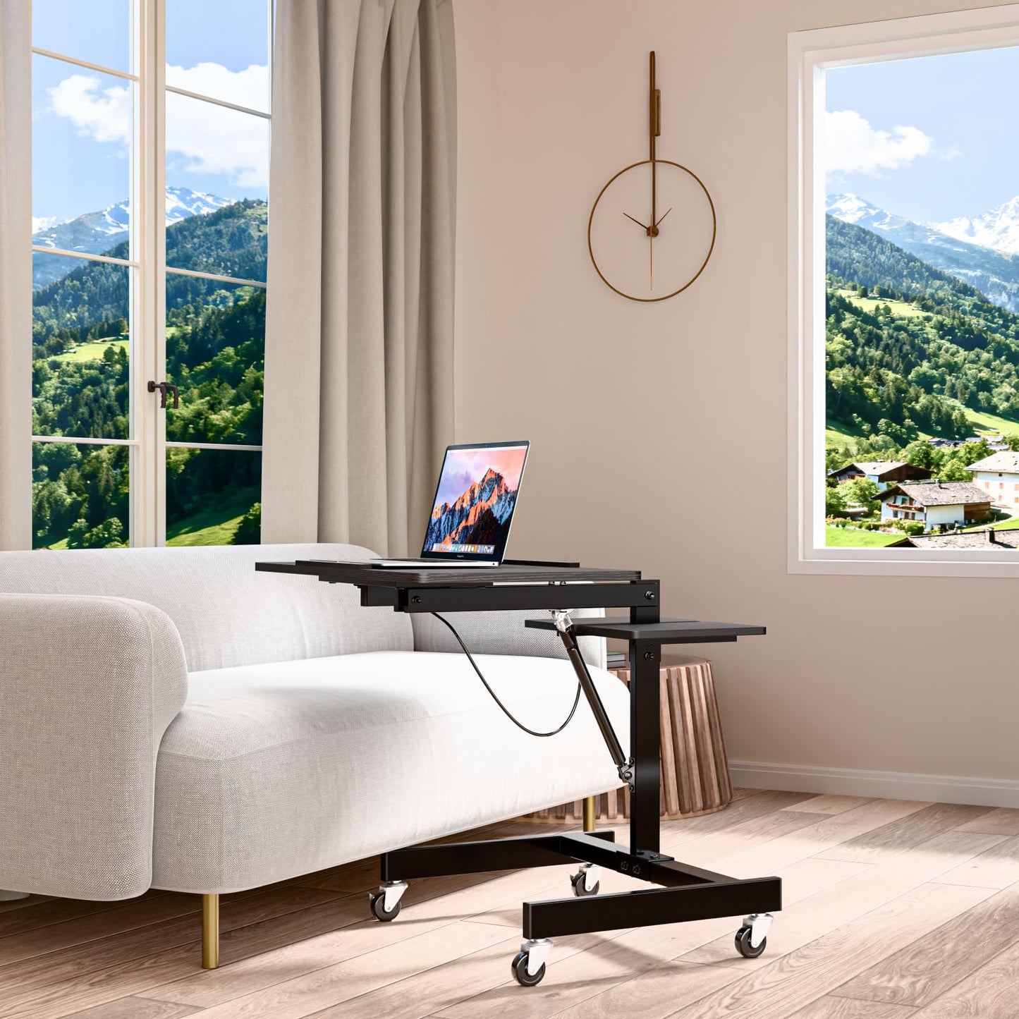 FULOOPHI Mobile Standing Desk with Wheels, Height Adjustable Laptop Table, 27.56 Inch Portable Ergonomic Workstation with Locking Casters & Tilting Top, Black