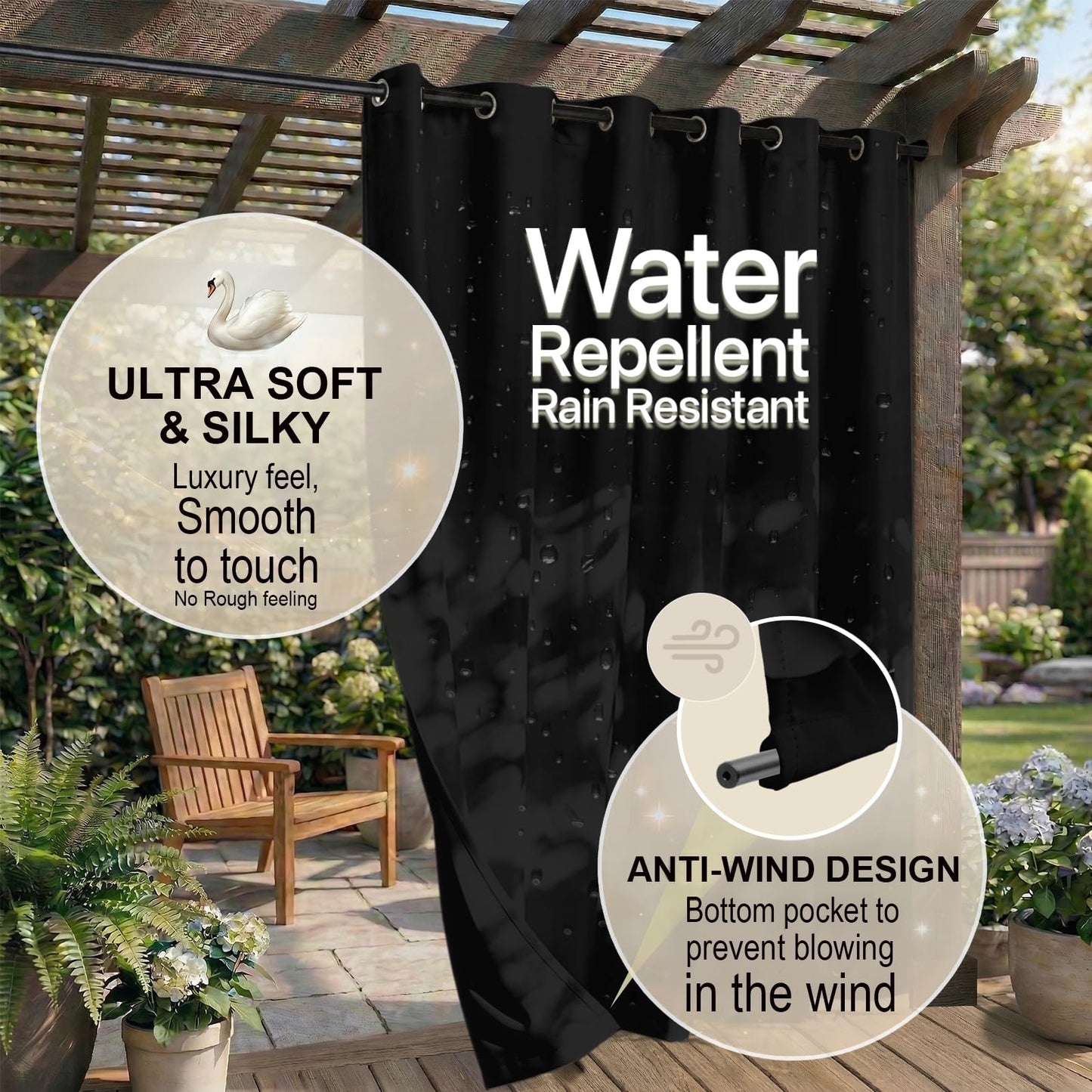 Water Proof Outside Curtains with Grommet Top for Porch, W84 x L95 Thermal Insulated Washable Light Block Outdoor Divider Drapes for Patio Gazebo Deck Pool Area Pergola Cabana (Black)