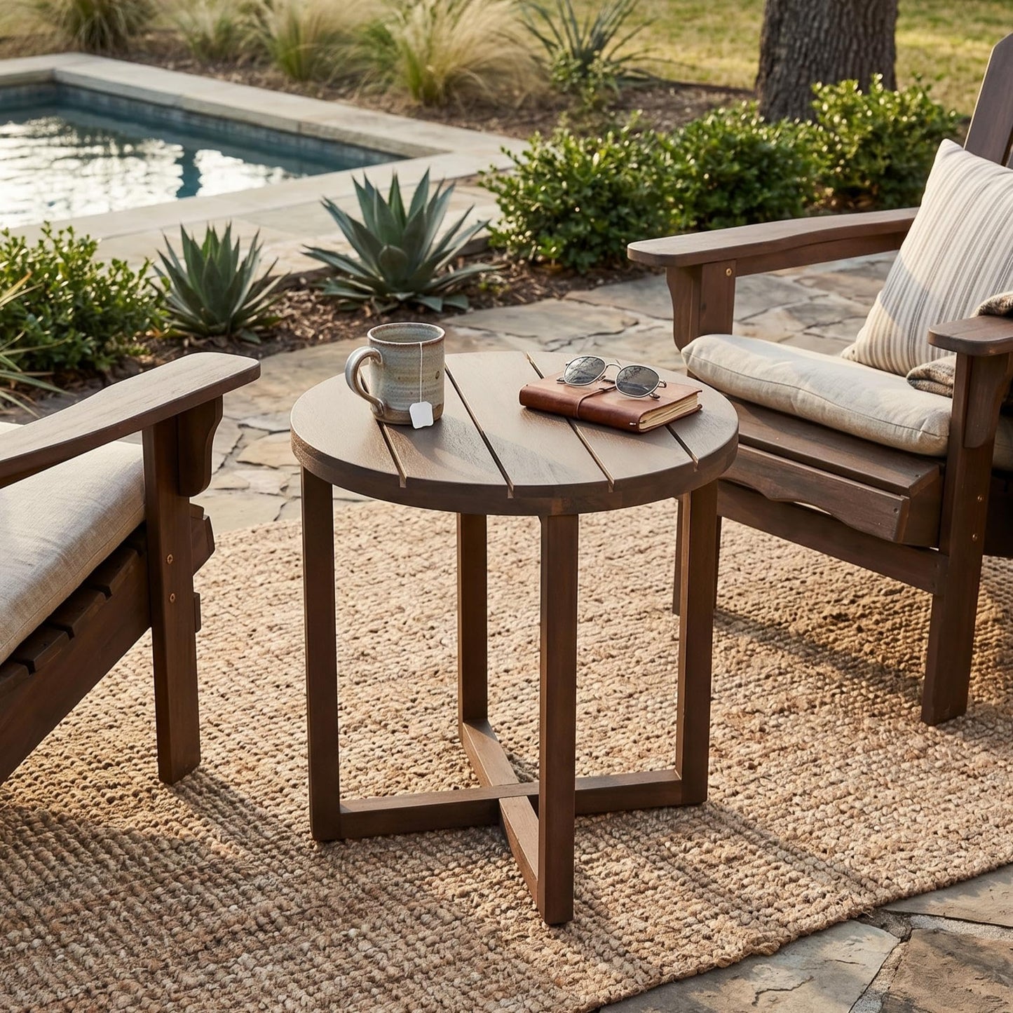 Christopher Knight Home Jara Outdoor Round Side Table, Slat Panel Small Coffee Table, Acacia Wood Side Desk for Backyard Balcony Garden, Weather Resistant Patio End Table, Dark Oak
