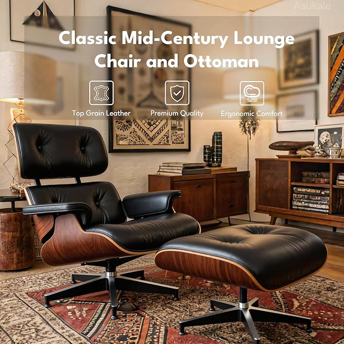 Black PU Leather, Mid Century Chaise Lounge Chair Indoor, Chair
