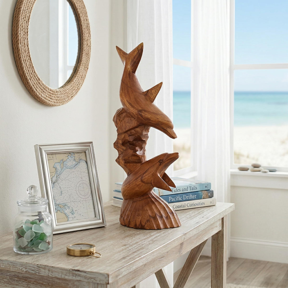 G6 Collection Wooden Hand Carved Dolphin Statue Sculpture Wood Decorative Home Decor Accent Figurine Handcrafted Handmade Seaside Tropical Nautical Ocean Coastal Decoration (2 Dolphins on Coral, 12")