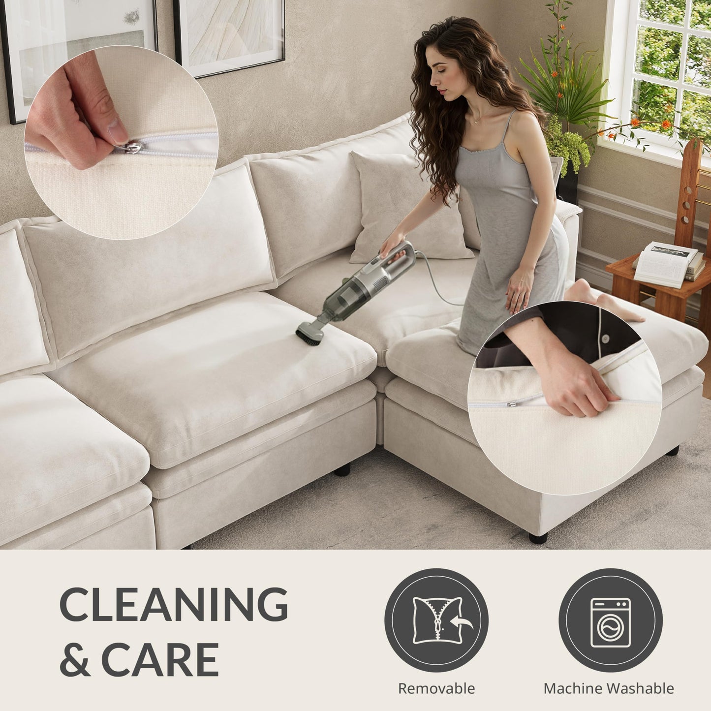 Attalee Single Armchair with Storage Ottoman, Modern Chenille Deep Seat Cloud Couch with Convertible Chaise, Upholstered Sofa Set for Living Room and Bedroom, Beige