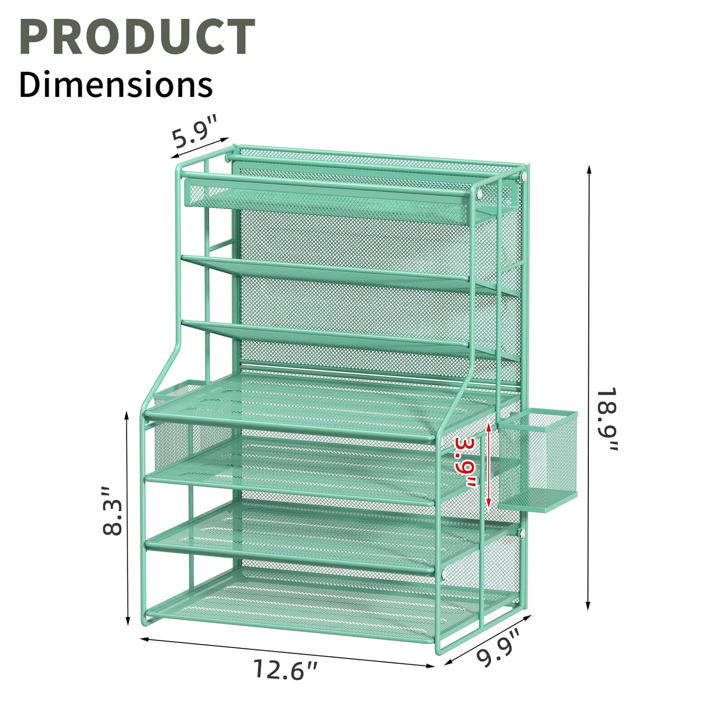 handimp Green 7 Tier Office File Organizer, Letter Tray Paper Organizer with Pen Holder and Metal Hanging Basket, Vertical Desktop File Holder for Home Office Organization