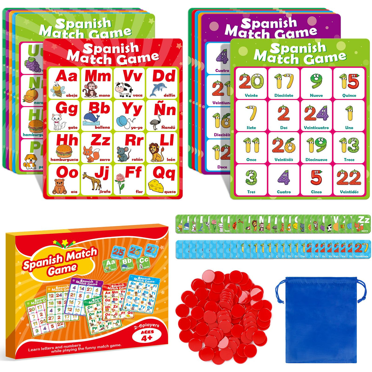 Quilinz Spanish Alphabet Bingo Games,Letter/Number/Sight Word for Kindergarten,ABC and 123 Bingo Board Match Games for Kids 4-6,Learn Spanish Flash Cards,Toddler Educational Toys