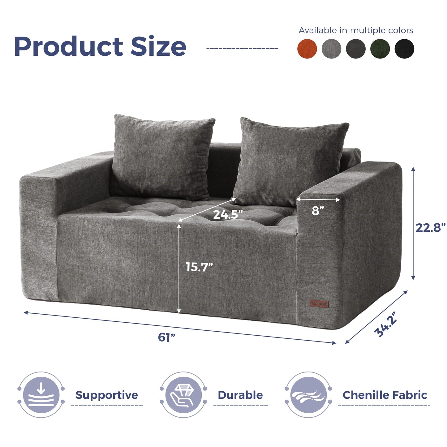 MAXYOYO Modular Sofa Couch, 61" Loveseat Boneless Cloud Couch with Deep Seat, Chenille Upholstered Living Room Comfy Sofa Chair for Living Room, No Assembly Required, Light Grey