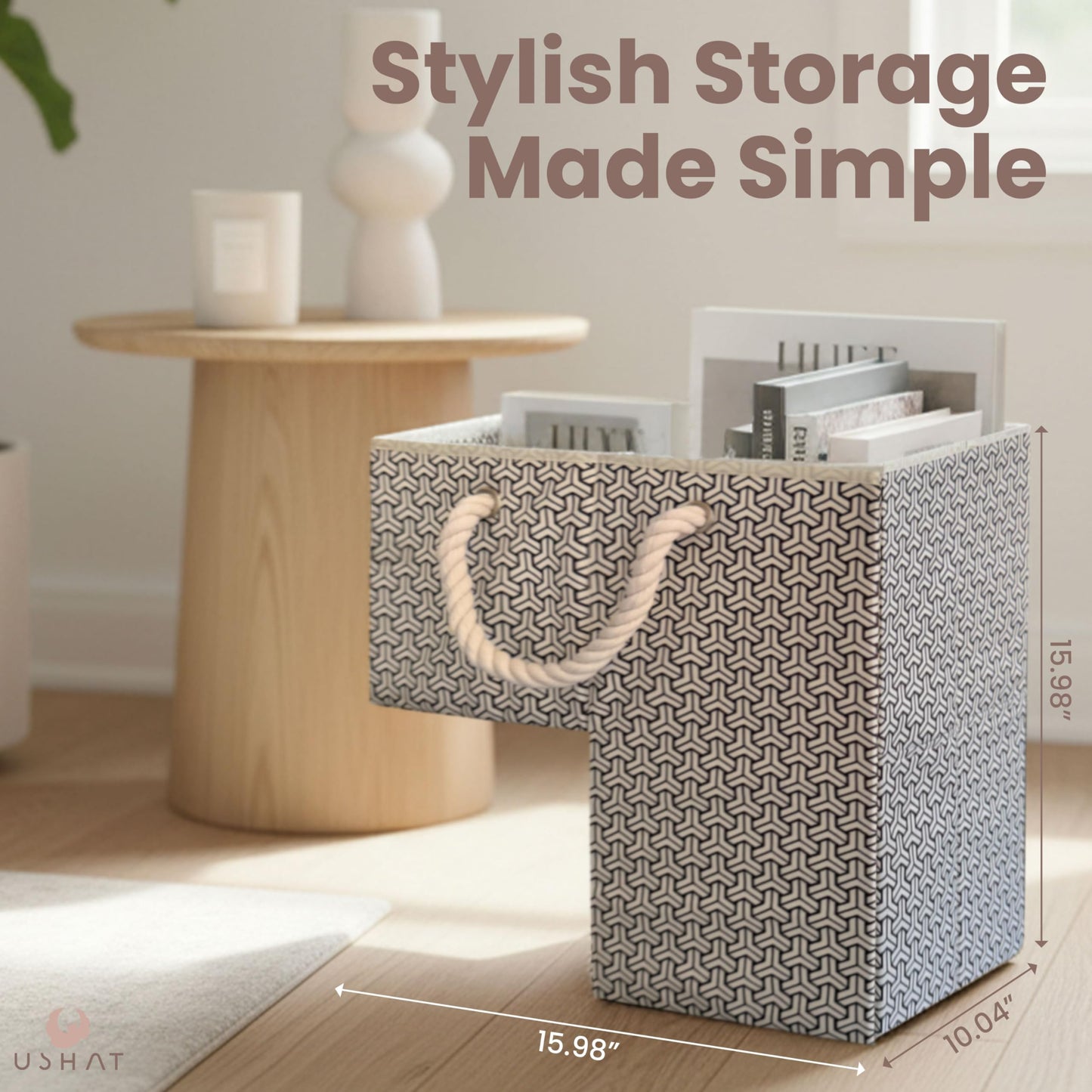 Stair Basket with Modern Geometric Pattern - Foldable Stair Baskets for Carpeted Stairs - Stairway Organizer with Cotton Handle and Pockets for Organizing and Decluttering Your Home