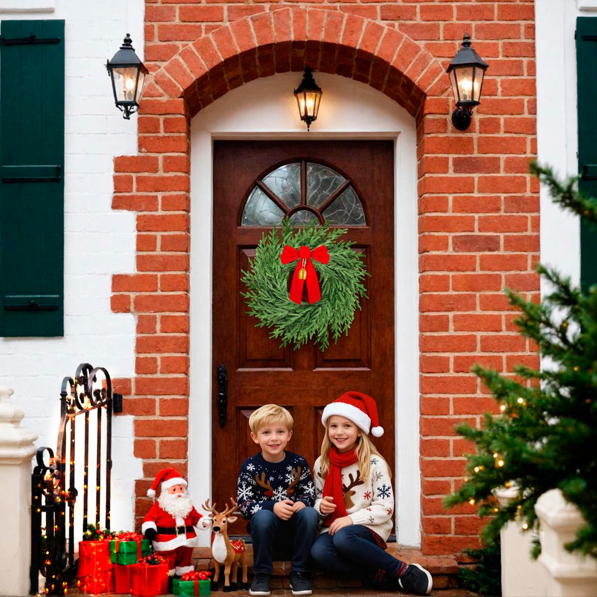 AMORISE 26" Christmas Wreath for Front Door, Artificial Wreath with Bow and Bell,Real Touch Pine Winter Wreath Christmas Decoration for Porch,Window,Wall,Thanksgiving Day Harvest Festival