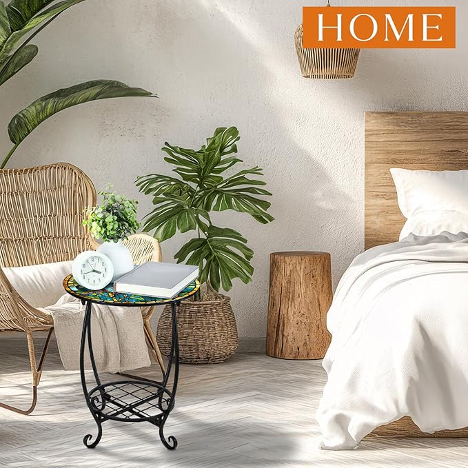 Cinnvoice Outdoor Side Table Round Small Mosaic Patio Accent Indoor End Plant