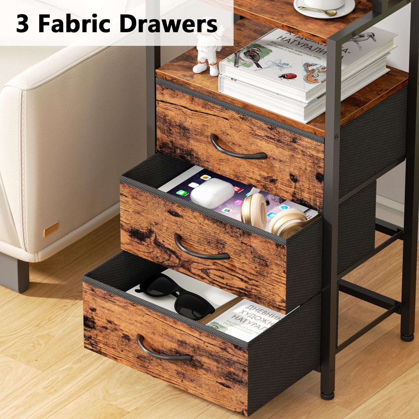 Furnulem Night Stand, Tall Nightstand with 4-Tier Shelves and 3 Fabric Drawers, LED Bed Side Tables with Charging Station, Bedside Table for Bedroom, Hallway, Office, Rustic Brown