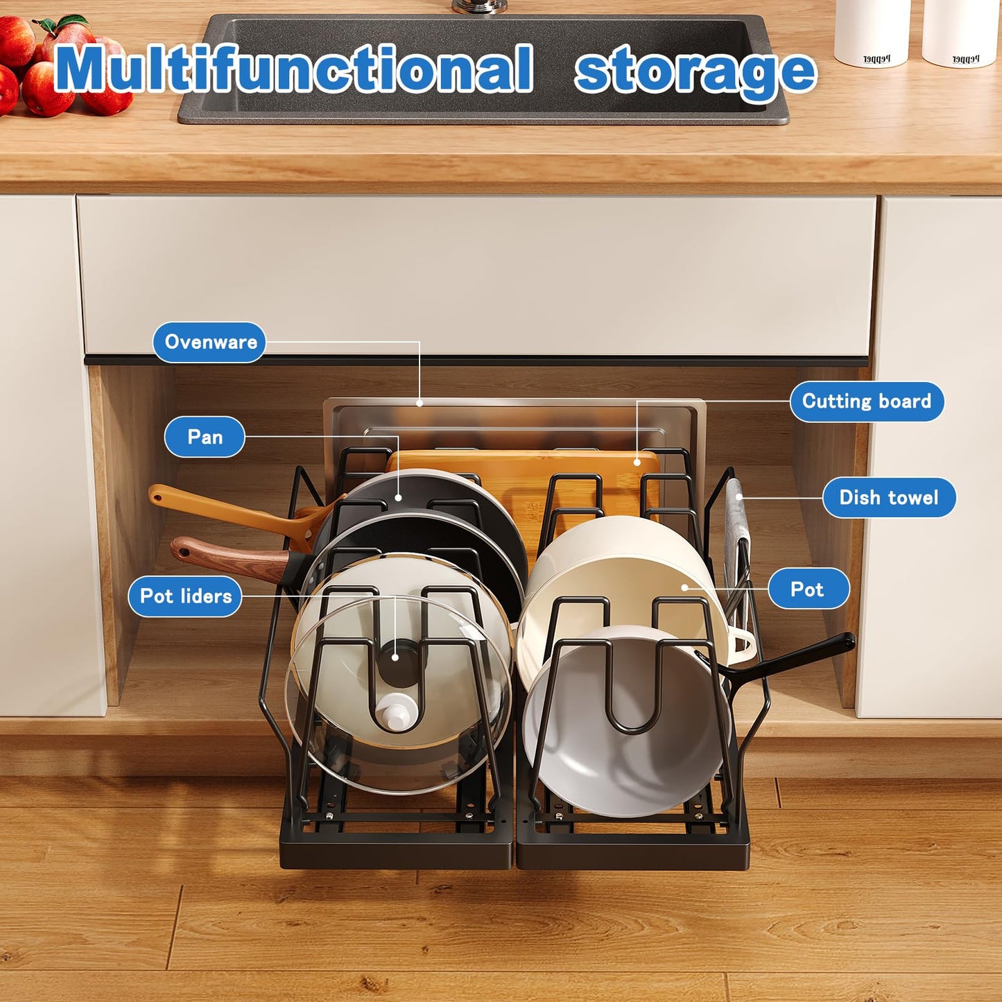 Mustorn 2 Pack Pots and Pans Organizer Under Cabinet, 21.6" Deep Pull Out Pot Lid Organizer Holder with Guardrail Adhesive Pot and Pan Holder Rack with 10 Adjustable Dividers(Black)