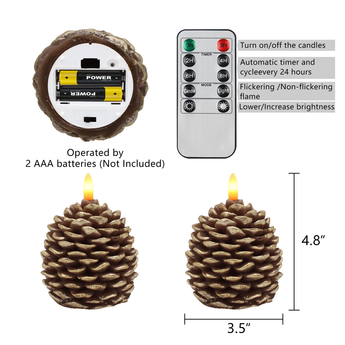CVHOMEDECO. Pine Cone Candles Battery Operated Pinecones with Remote and Timer, Pine Cones Candle LED Flameless Flickering Candles for Fall, Christmas Decor. Golden-Brown, H 4.8 Inch, Pack of 2