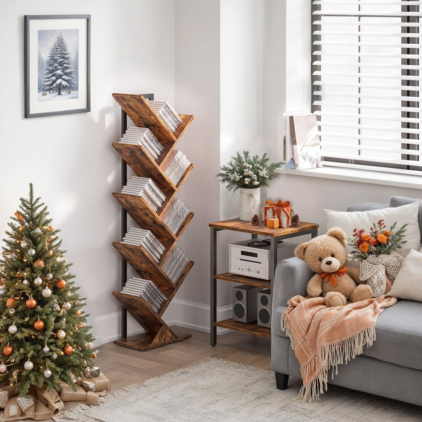 HOOBRO Tree Bookshelf and Computer Desk Bundle, 9-Tier Bookcase Wooden Shelves, Office Dsek with Monitor Stand, for Small Space, Study, Living Room, BF08SJ01G1-WH85UDN01