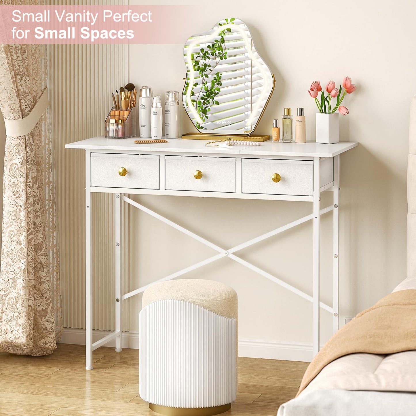 DAOUTIME Makeup Vanity Desk No Mirror, 37.2 Inch Vanity with 3 Drawers, Girls Vanity Dressing Table for Bedroom, Small Vanity Table Home Office Desk for Small Spaces, White