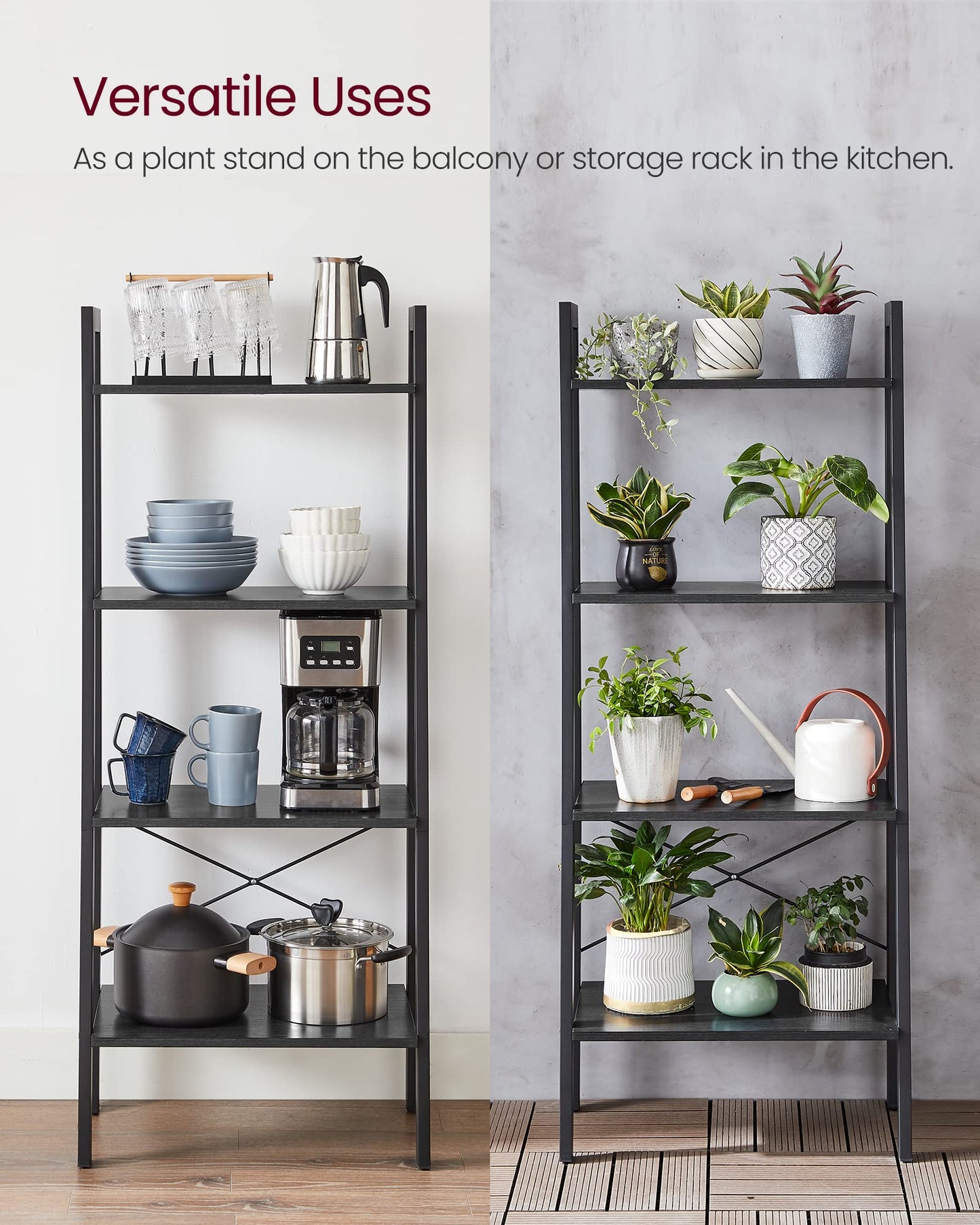 VASAGLE BARNET Collection - Ladder Shelf, Bookshelf, Storage Rack, Modern Bookcase for Living Room Home Office Kitchen, Steel Frame, 4-Tier, 22-Inch Wide, Charcoal Gray and Ink Black ULLS044B04