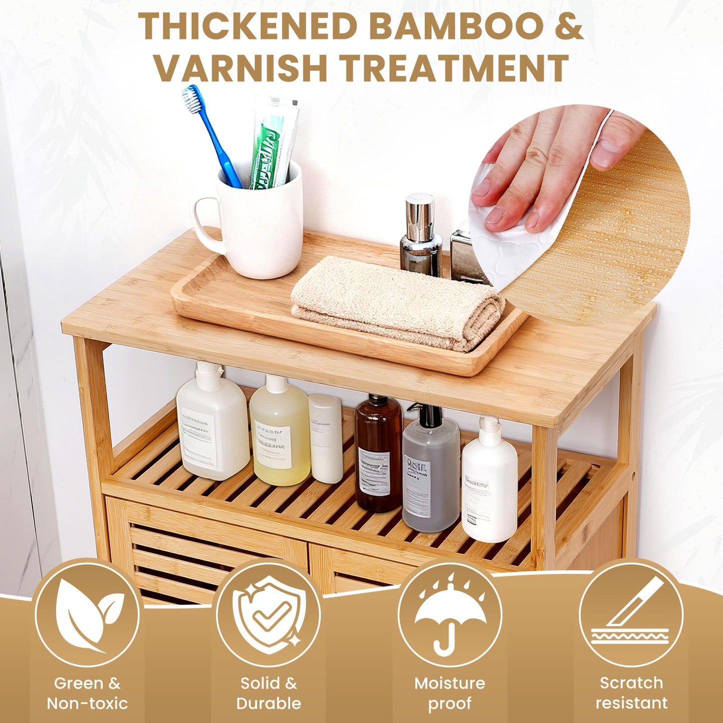 Bambition Bamboo Storage Cabinet with Doors, Floor Freestanding Cabinet with Shelves for Bathroom, Kitchen, Living Room
