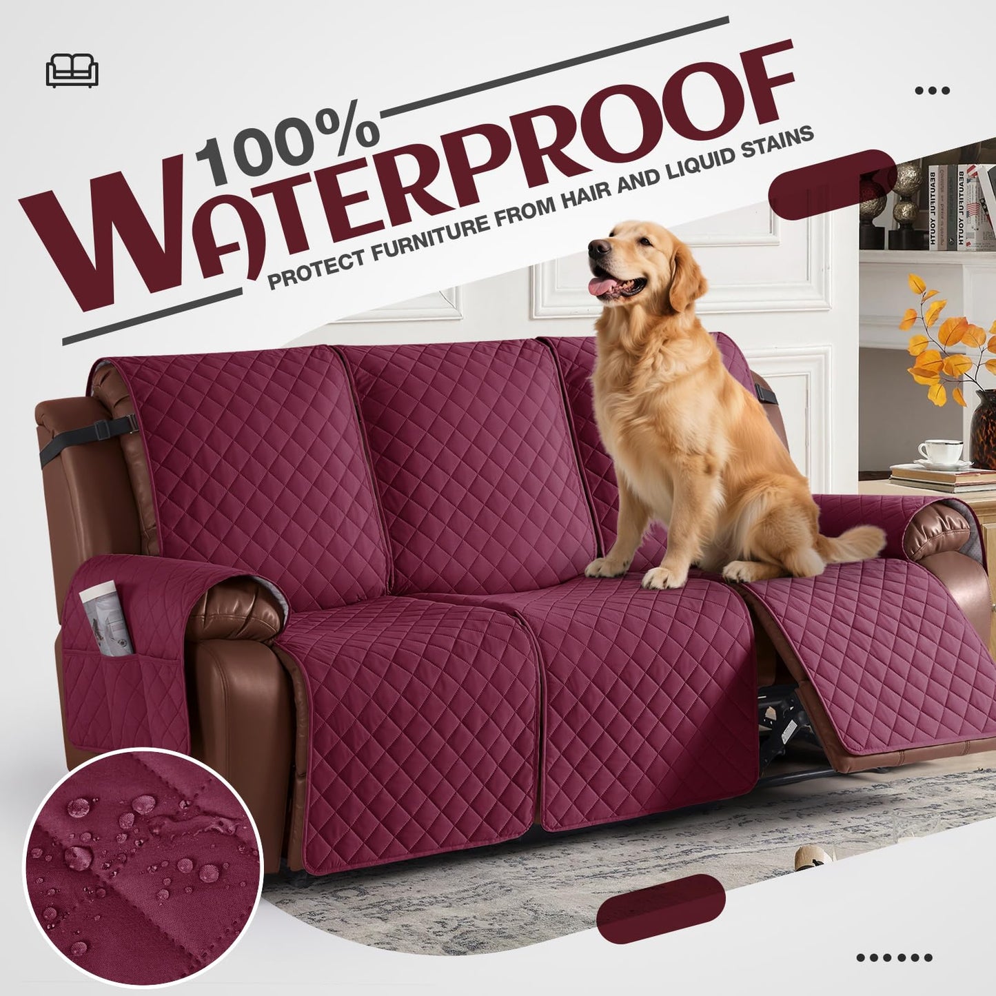 KinCam Recliner Sofa Covers for 3 Seat, 100% Waterproof Reclining Couch Covers, Non-Slip Recliner Couch Cover Furniture Protector with Elastic Straps for Pets, Kids, Burgundy