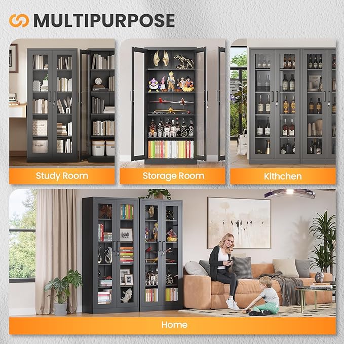 Locking Display Cabinet with Glass Door, 71”H Metal Curio Cabinets with