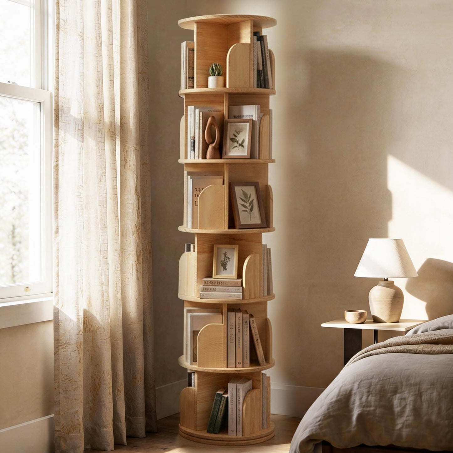 Maison Atelier 6-Tier Rotating Bookshelf with 18″ Wide Shelves, Solid Wood Bookcase for Living Room, Bedroom & Kids Room, Space-Saving Corner Bookshelf with Lazy Susan Organizer - [Pine]