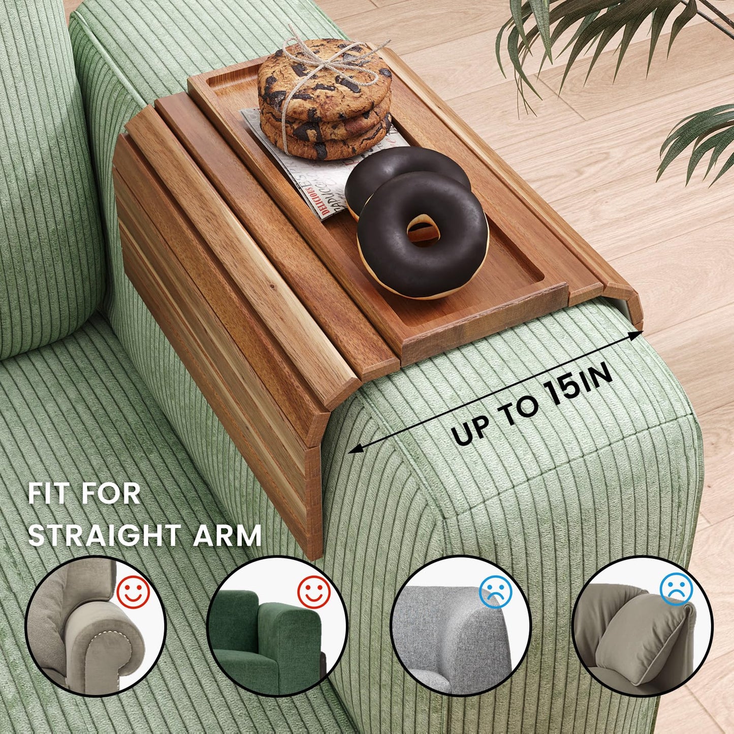 Danfoxer Sofa Arm Tray,Acacia Wood Folding Couch Arm Tray,Sofa Armrest Trays with Anti-Slip Pad for Drinks,Snacks,Phone,Remote Control 2 PC