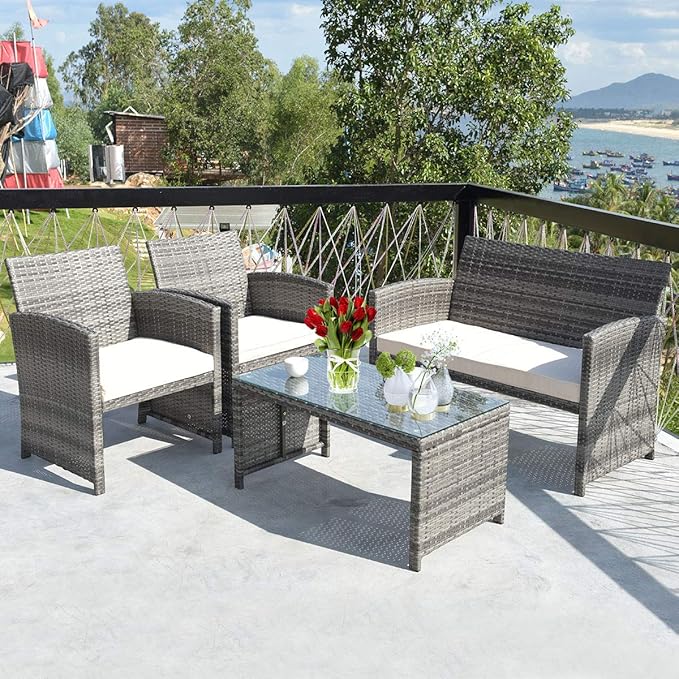 Tangkula 4 PCS Wicker Patio Conversation Set, Outdoor Rattan Sofas