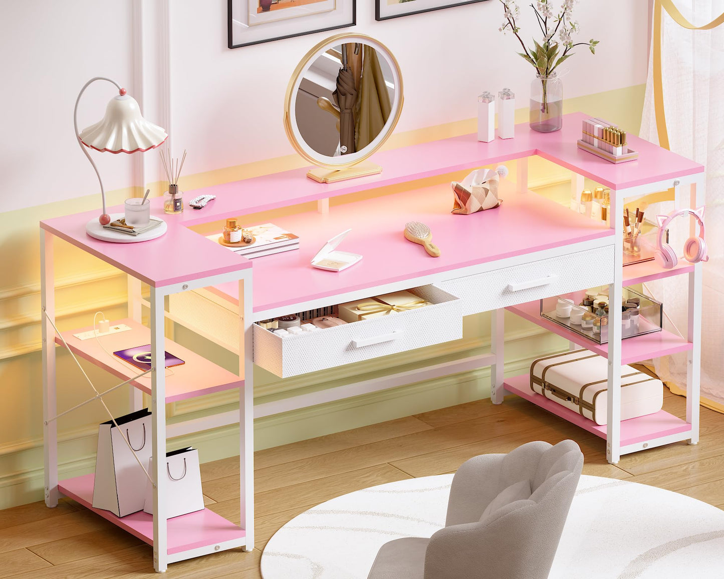 Pamray 58 Inch Computer Desk with Monitor Stand and Shelves Gaming Desk with LED Lights & Power Outlets PC Vanity Table with 2 Drawers for Home Office Pink
