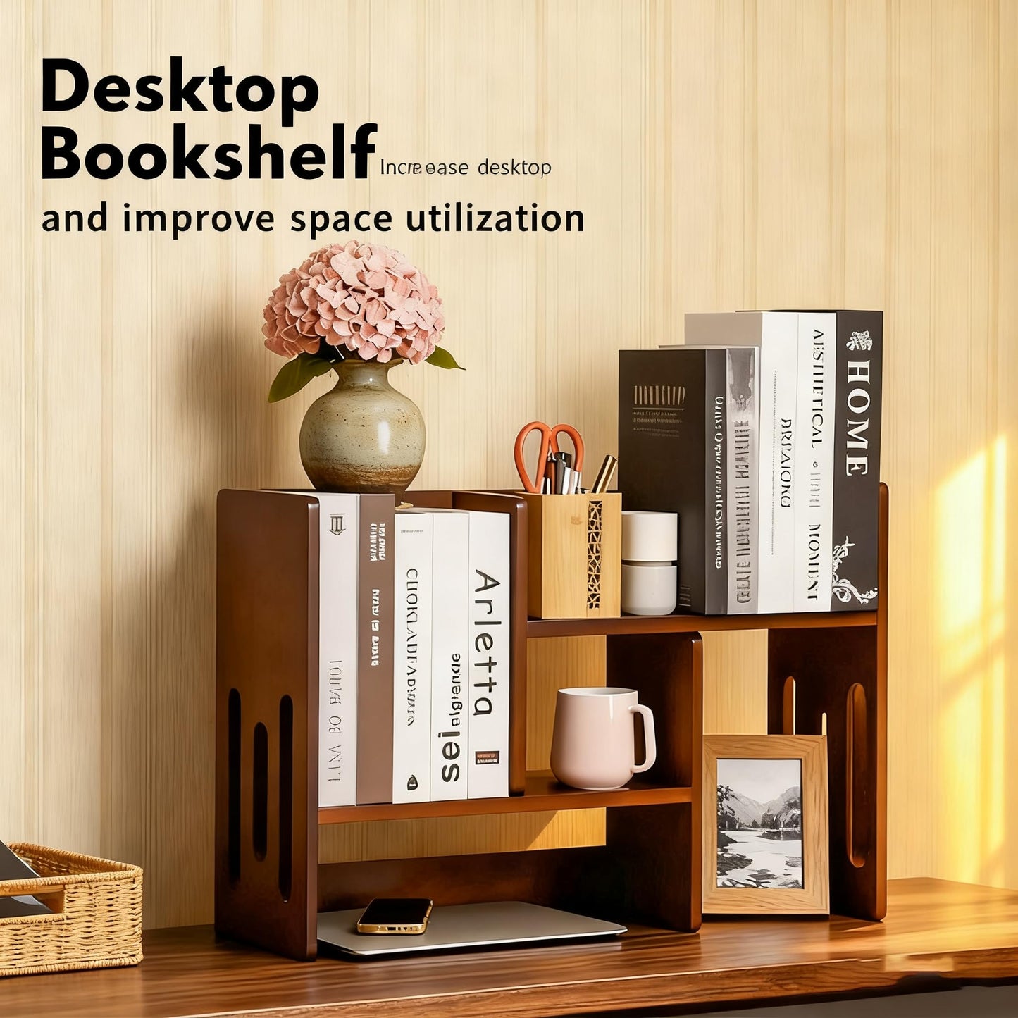 GroveMindoo Handcrafted Solid Wood Desktop Bookshelf, Telescopic Adjustable Desktop Organizer, Multi-Layer Small Bookshelf Desk Shelf for Home Office & Dorm