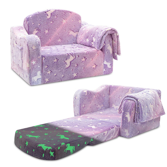 Airpanda Comfy Kids Chair and Couch with Blanket,2-in-1 Soft Fold Out Couch for Girls and Boys,Convertible Sofa Chair for Playroom,Purple Pony