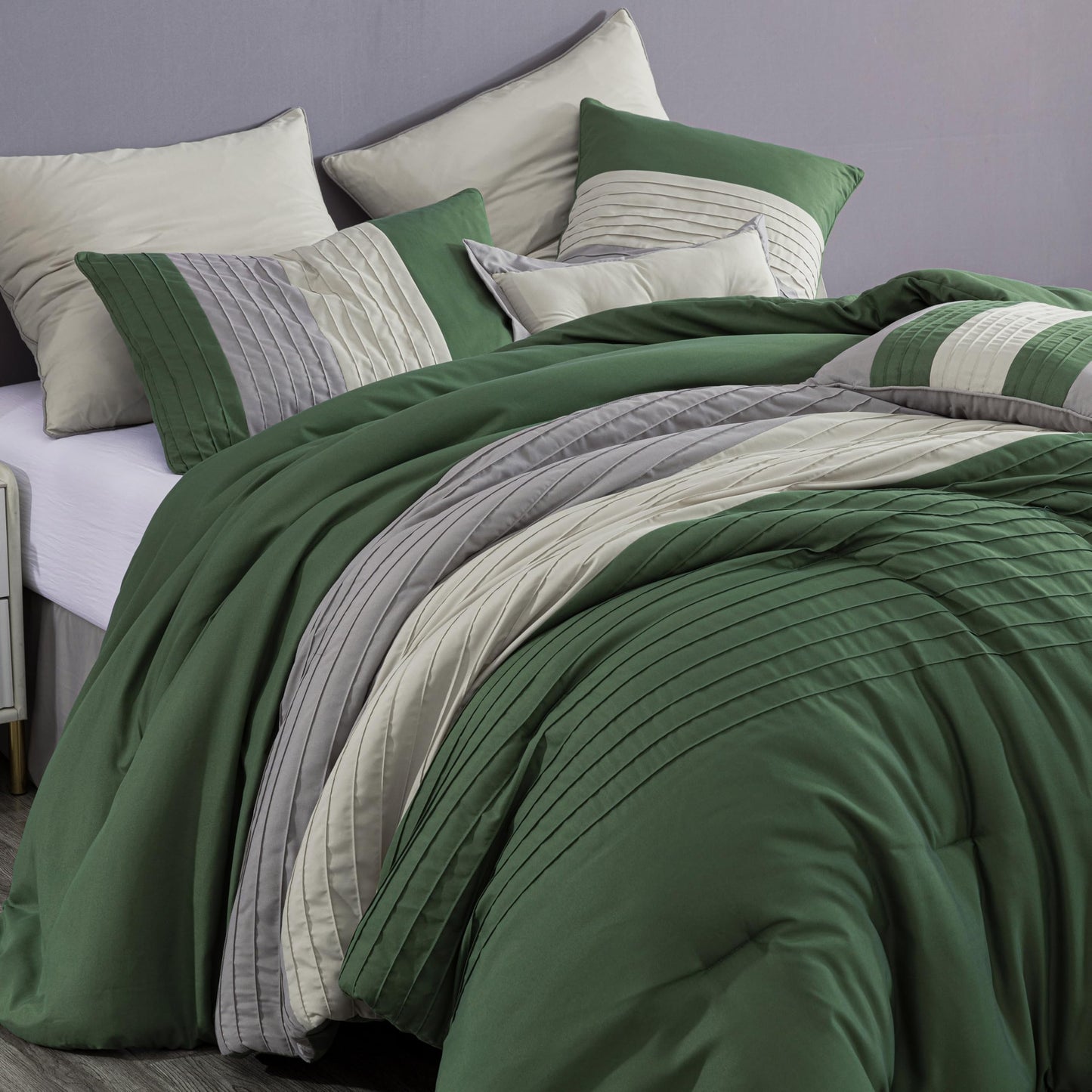 Chezmoi Collection Loft 8-Piece Oversized King Comforter Set, Forest Green/Gray/Cream Luxury Striped Bedding for All Season