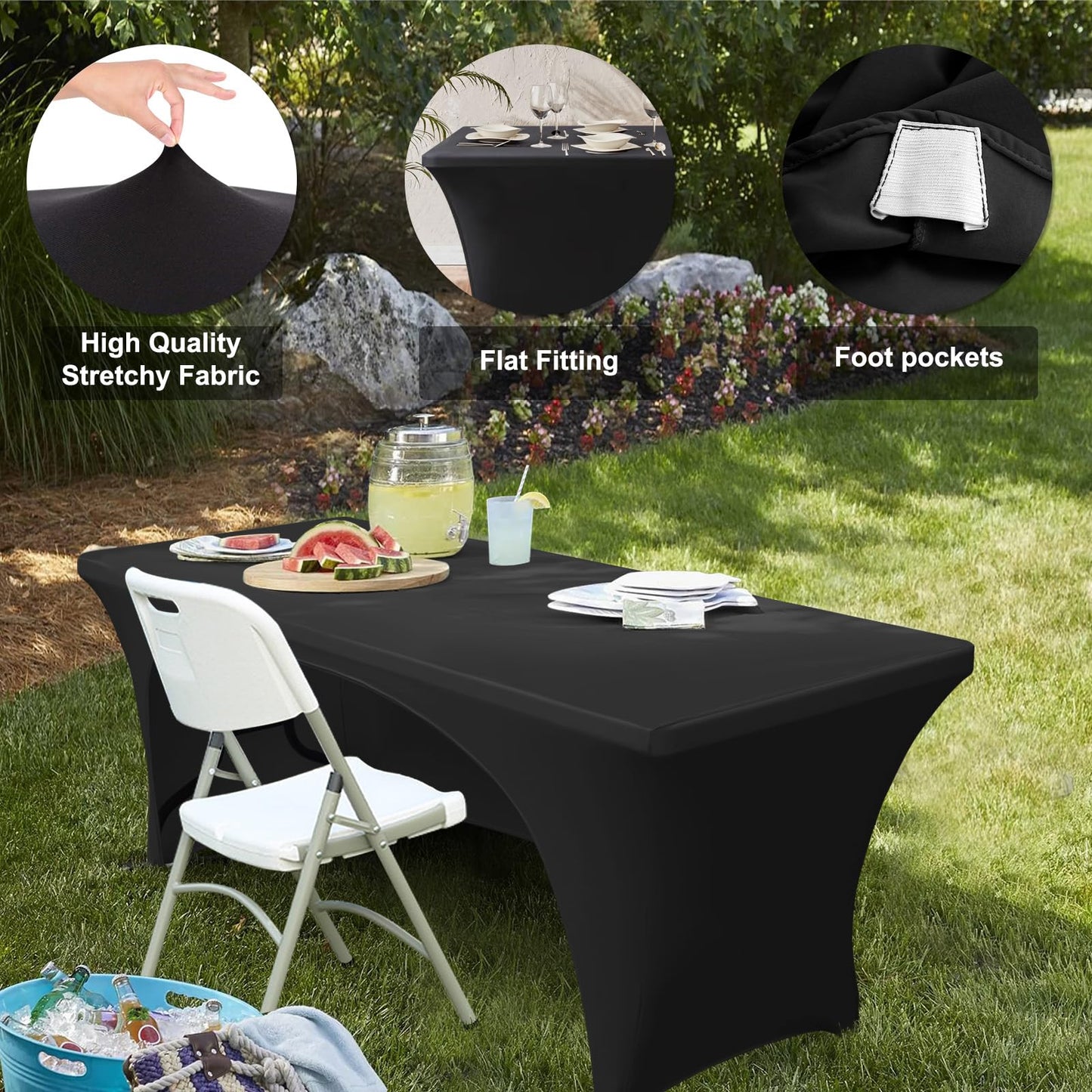 ABCCANOPY 4 ft Spandex Table Cover Open Back Fitted Tablecloth Stretch Washable Tablecover Table Topper for Rectangle Tables Black