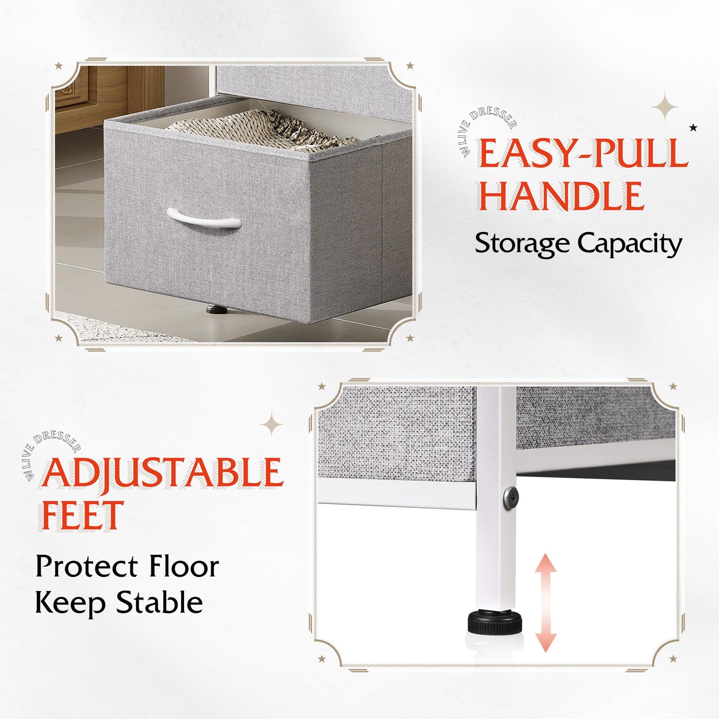 WLIVE Nightstand with 3 Drawers, Fabric Dresser, Organizer Unit, Storage Dresser for Bedroom, Hallway, Entryway, Closets, Sturdy Steel Frame, Wood Top, Easy Pull Handle, Light Grey