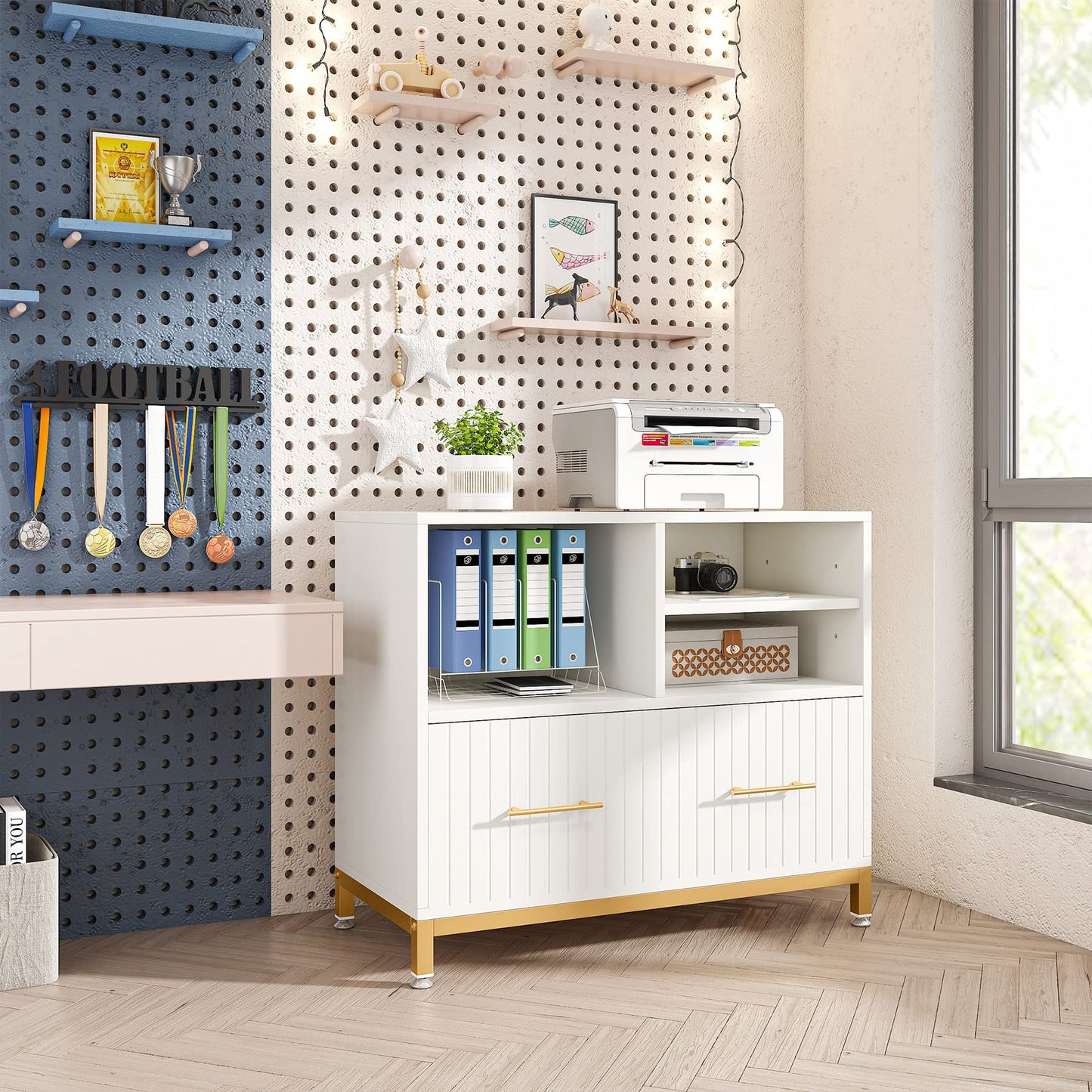 Tribesigns Lateral File Cabinet with Drawer, White Filing Cabinet for Letter/Legal/A4 Size Files, 35.4" Modern Wood File Storage Cabinets Printer Stand with Storage for Home, Office, White Gold