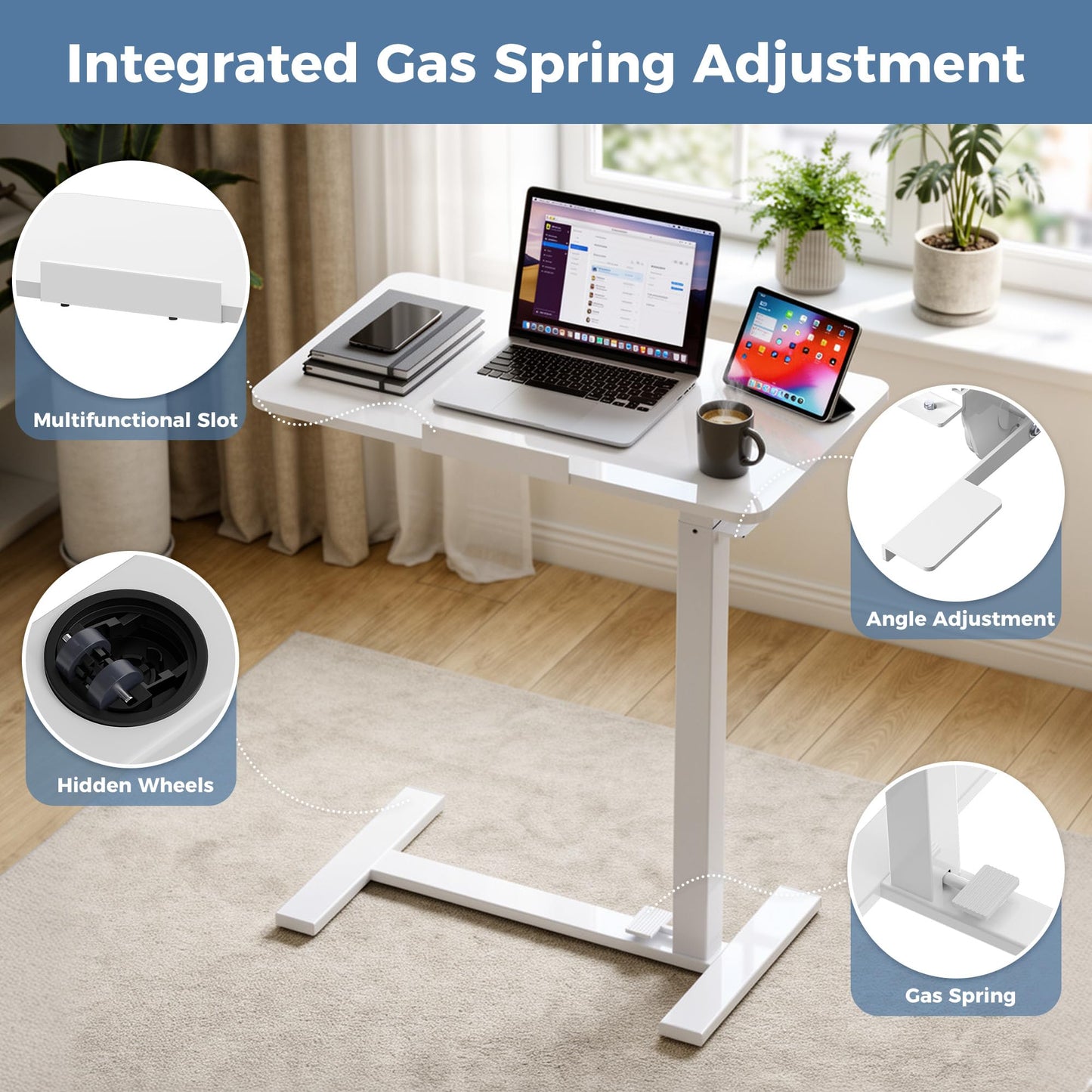 DUMOS Mobile Standing Desk, Height-Adjustable Computer Cart with Pneumatic Lift, Portable Computer Workstation Cart for Bed, Couch, Office, Sofa, White