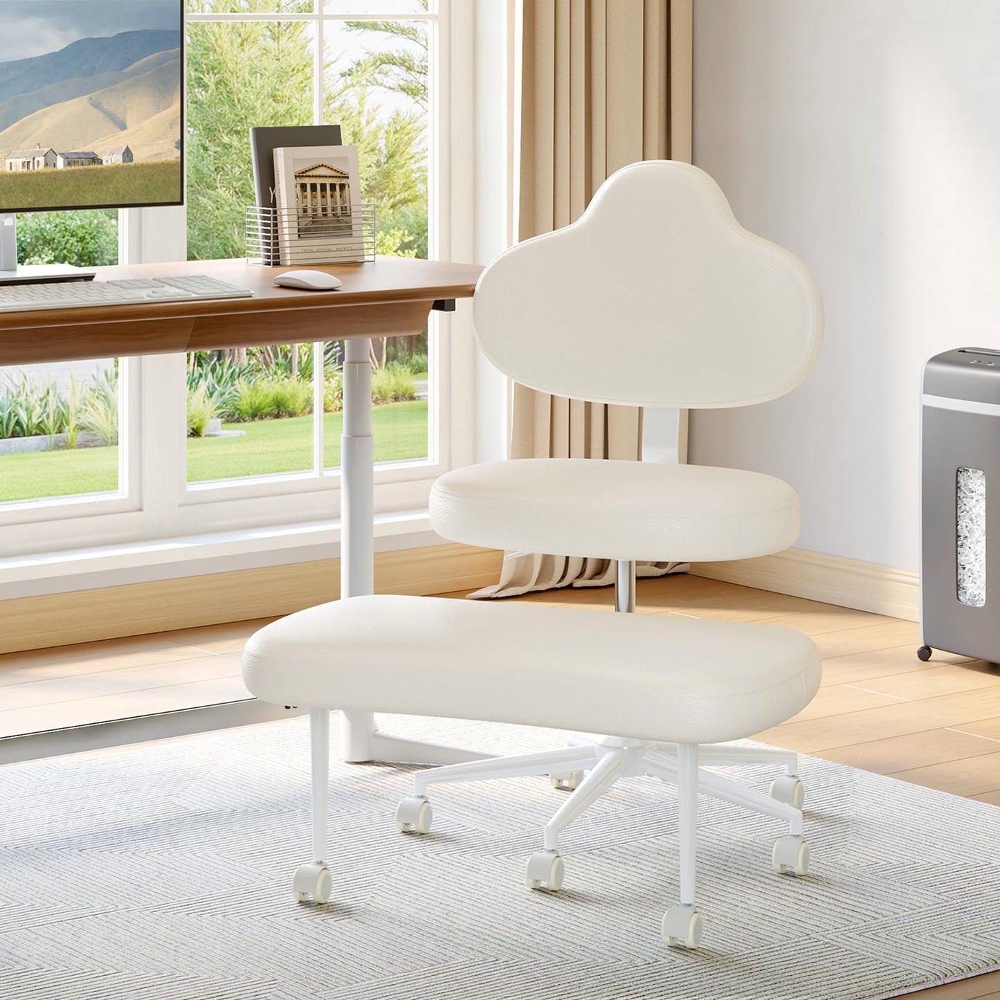 Cross Legged Office Chair with Wheels for ADHD, Ergonomic 360° Swivel Height-Adjustable Meditation Chair for Yoga, Kneeling Chair with 4 inch seat Cushion and Lumbar Support, PU Leather, Off White