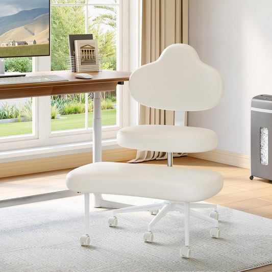 Cross Legged Office Chair with Wheels for ADHD, Ergonomic 360° Swivel Height-Adjustable Meditation Chair for Yoga, Kneeling Chair with 4 inch seat Cushion and Lumbar Support, PU Leather, Off White