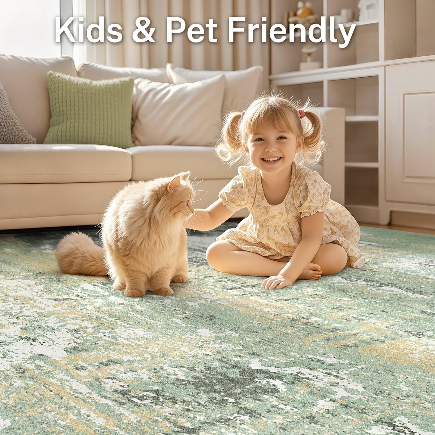 Micgeek Area Rug Living Room - 8X10 Abstract Washable Large Soft Foldable Non Slip Rug Neutral Modern Low Pile Carpet for Bedroom Nursery Dining Room Farmhouse Home Office Indoor - Green