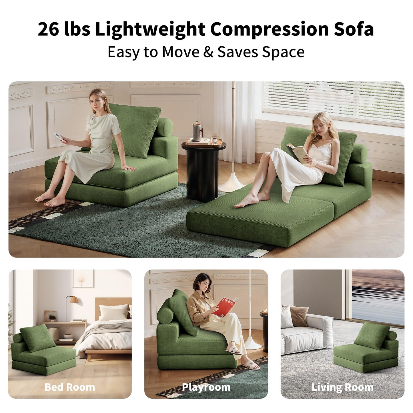 Lumbershed Folding Sofa Bed, 3-in-1 Convertible Sleeper Chair Bed with Pillows, Foldable Floor Couch with High-Density Foam, Futon Small Boneless Couch for Living Room Bedroom Lounge, Single, Green