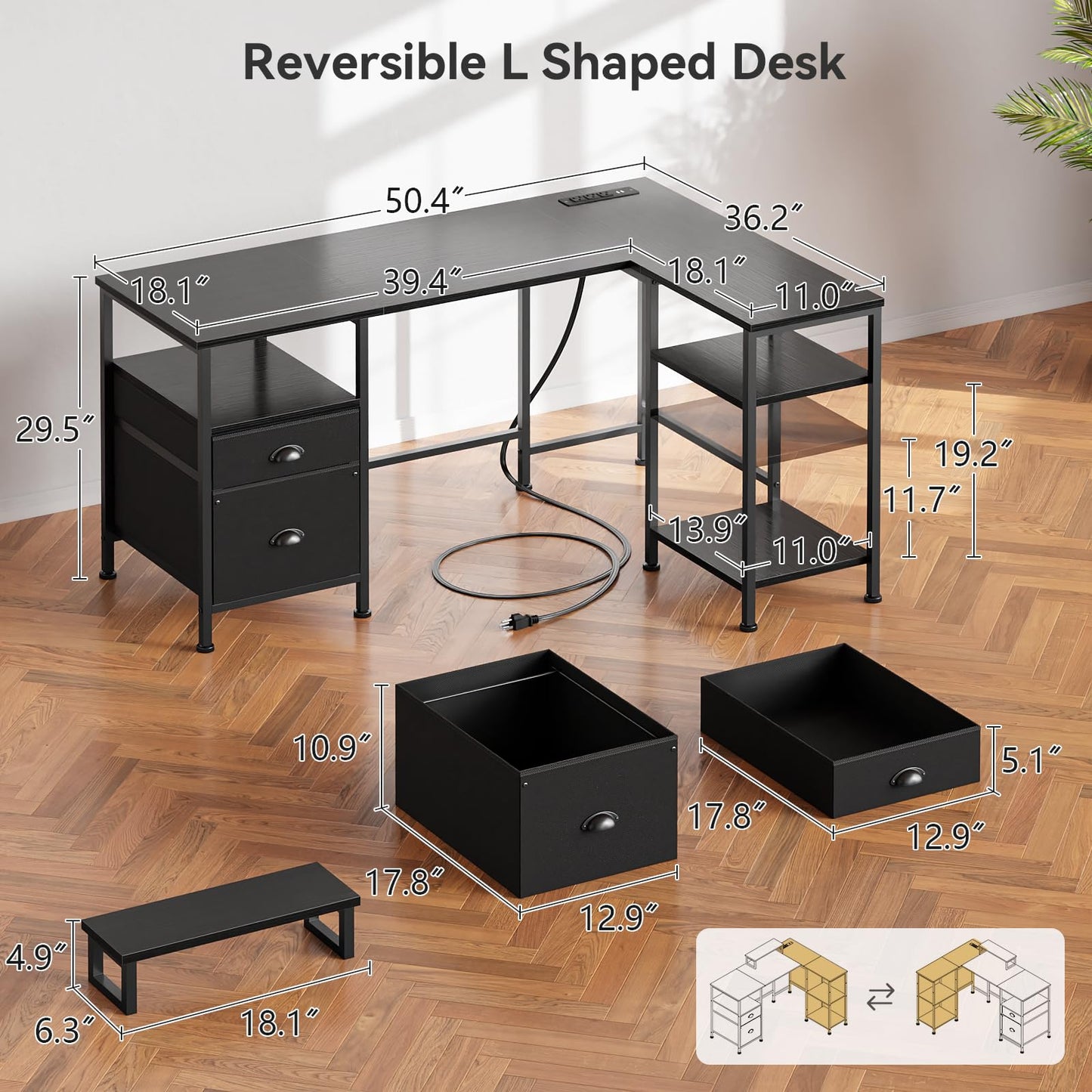 Furologee L Shaped Gaming Desk with Power Outlet, Corner Computer Desk for Home Office, Reversible 50 Inch Work Study Table with File Drawer, Monitor Stand, Storage Shelves, Black