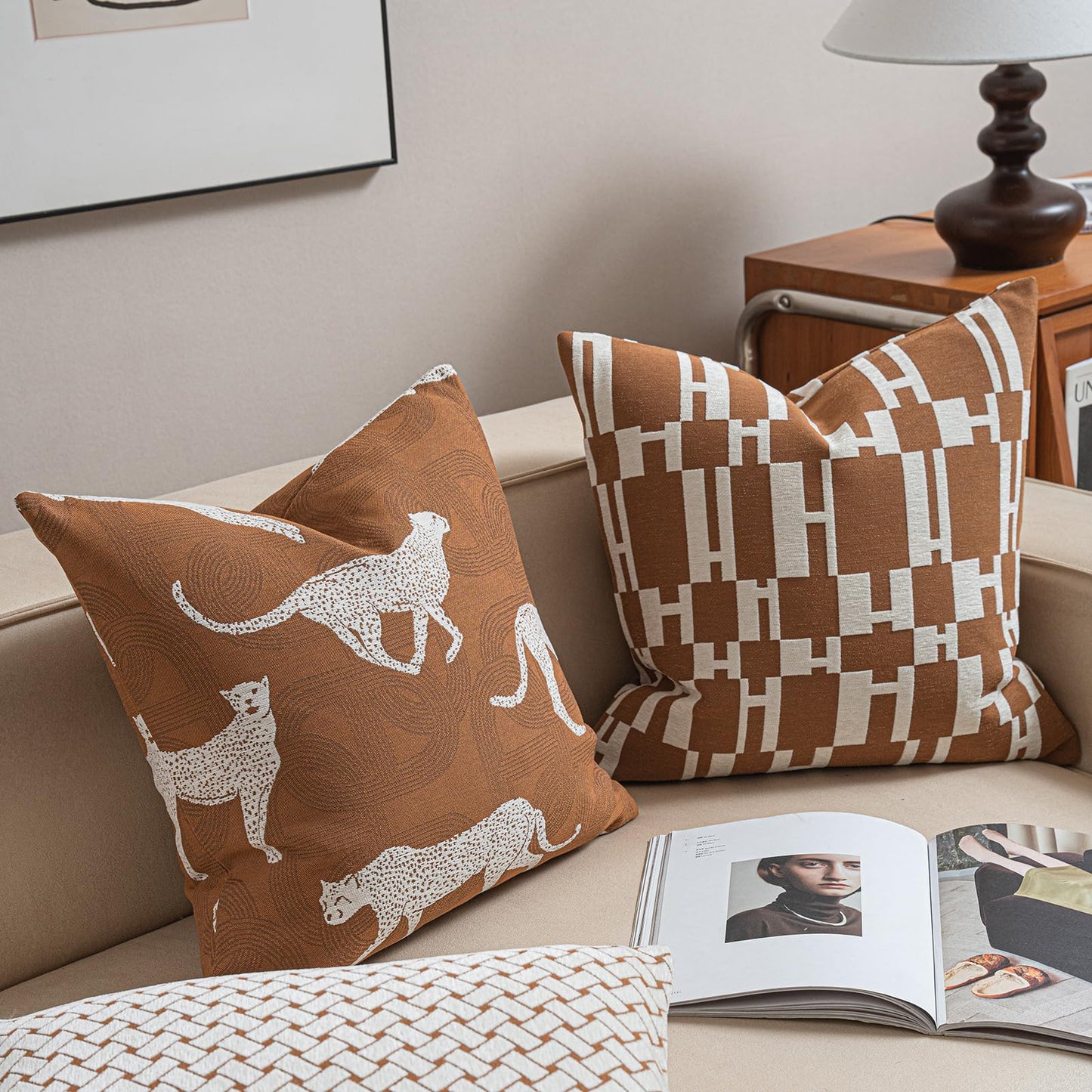 Croker Horse New 20x20'' inches Throw Pillow Cushion Covers - Caramel H Letter Chenille Jacquard Embroidery Luxury Modern Style Couch Sofa Bed Pillow Cover for Living Room Bedroom
