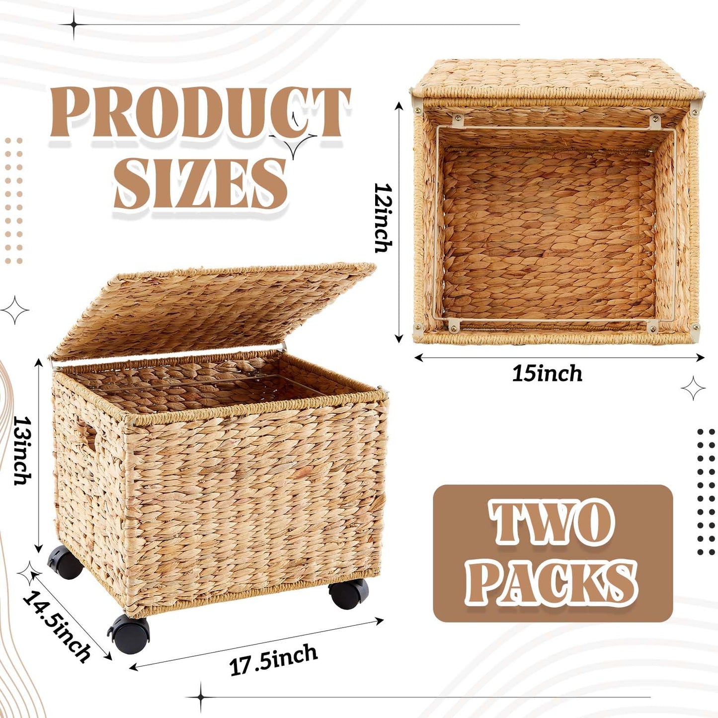 Sintuff 2 Pack Rolling File Cabinet with Lid 17.5 x 14.5 x 13 Inch Seagrass Rolling Filing Cabinet with Wheels Decorative Hanging File Organizer Basket Box for Home Office Storage(Natural)