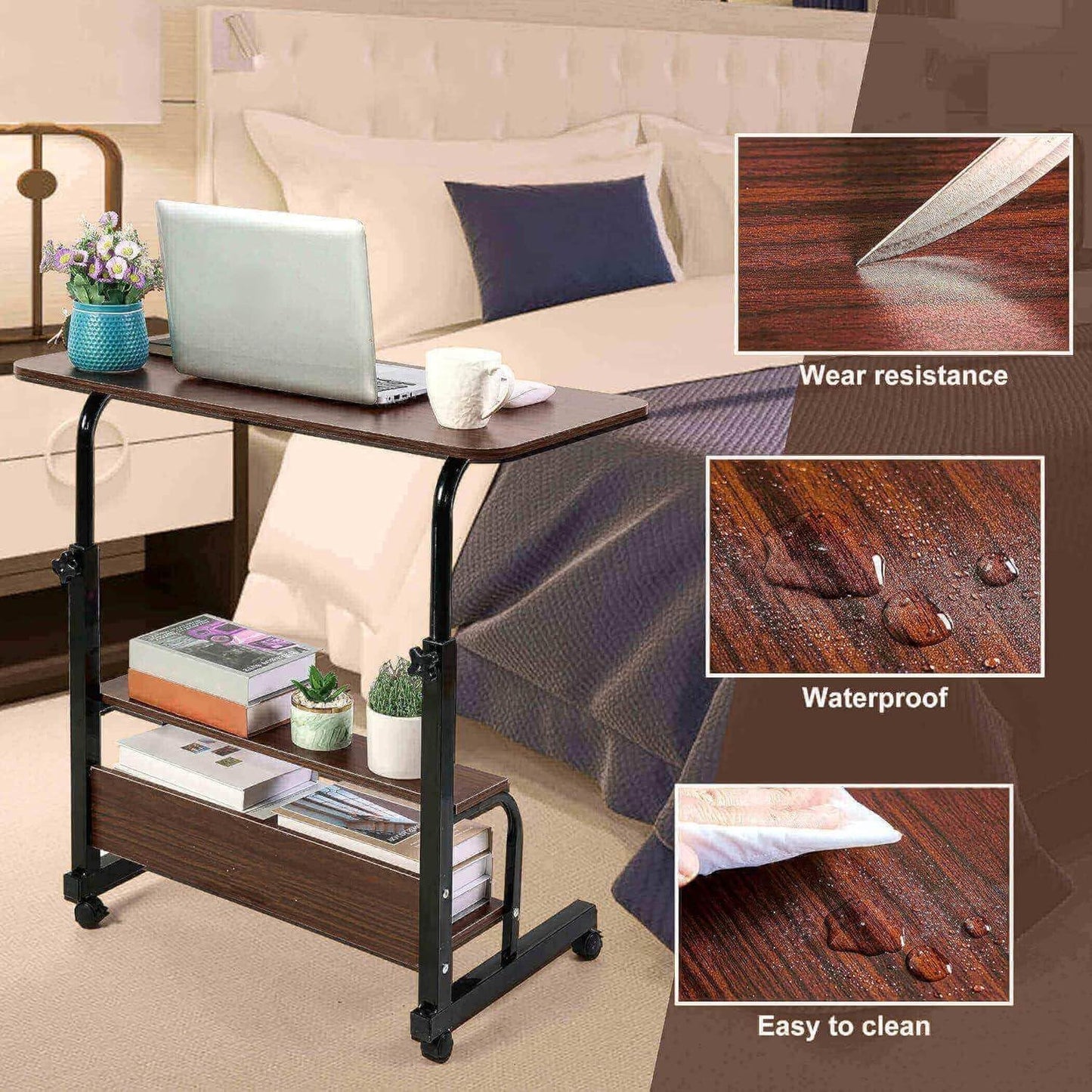 Dekhaoxe Adjustable Table Student Computer Desk Portable Home Office Furniture Small Spaces Sofa Bedroom Bedside Learn Play Game Desk on Wheels Movable with Storage Size 31.5 * 15.7 Inch Brown A