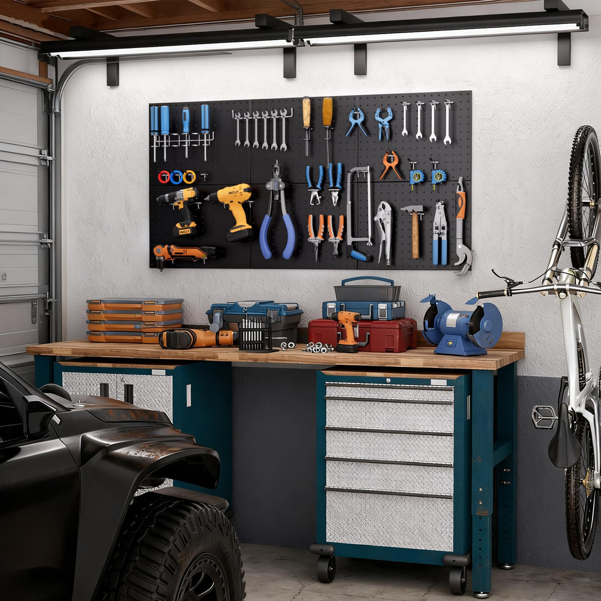 INCLY 90PCS Pegboard Wall Organizer, 6 Pack Metal Peg Board Panels with 1/4" Pegboard Hooks Accessories Kit, Black Peg Board for Walls Home, Garage Tool Storage, Workbench Organization