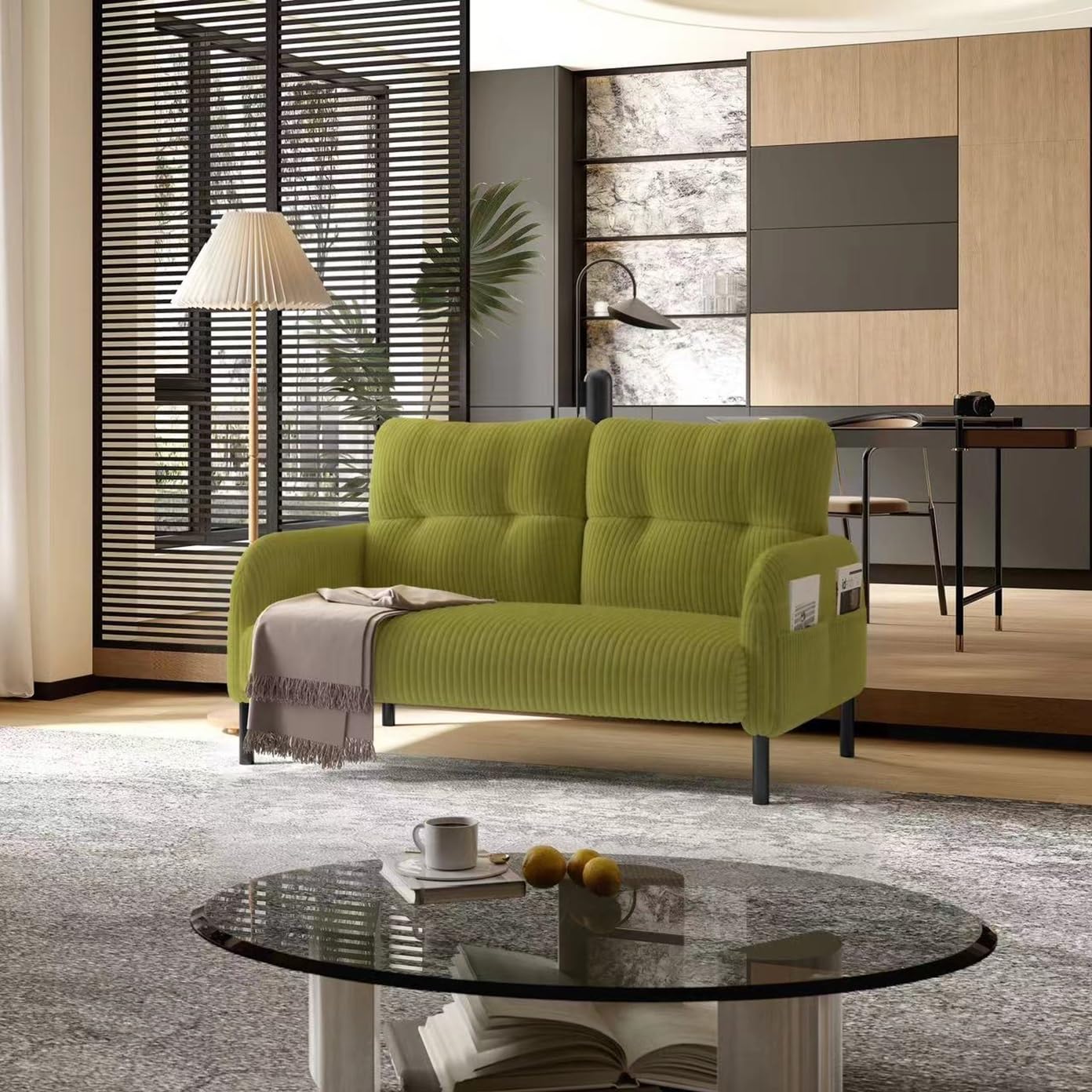 KEIKI 47" Corduroy Loveseat Sofa with Double Side Pockets & High Resilience Cushion, Modern Style Ergonomic Design Upholstery Oversized 2-Seater Couch, Easy Assembly, for Living Room, Olive Green