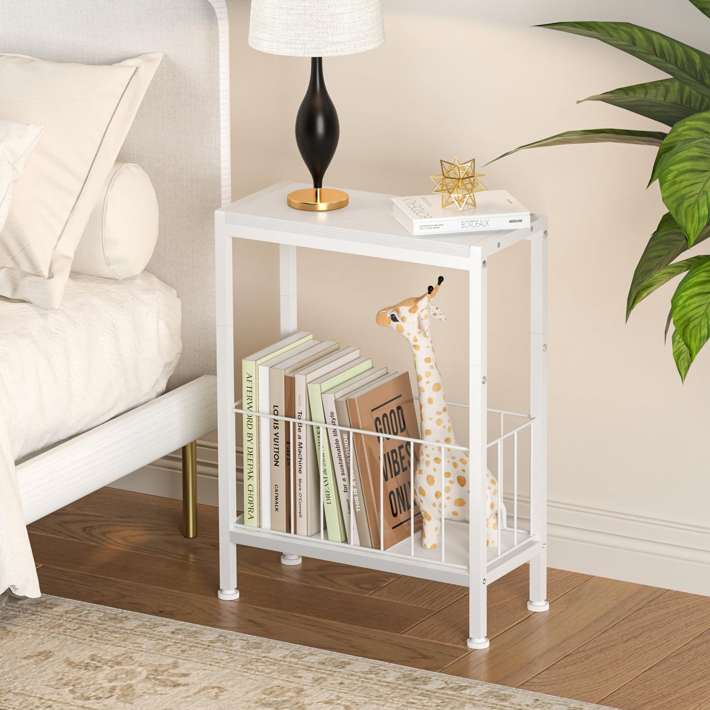 Lifenite Narrow Side Table, Skinny End Tables with Magazine Holder, Small Sofa Table for Small Spaces, Space-Saving Design, Slim Nightstand Bedside Table for Living Room, Bedroom, Office, White