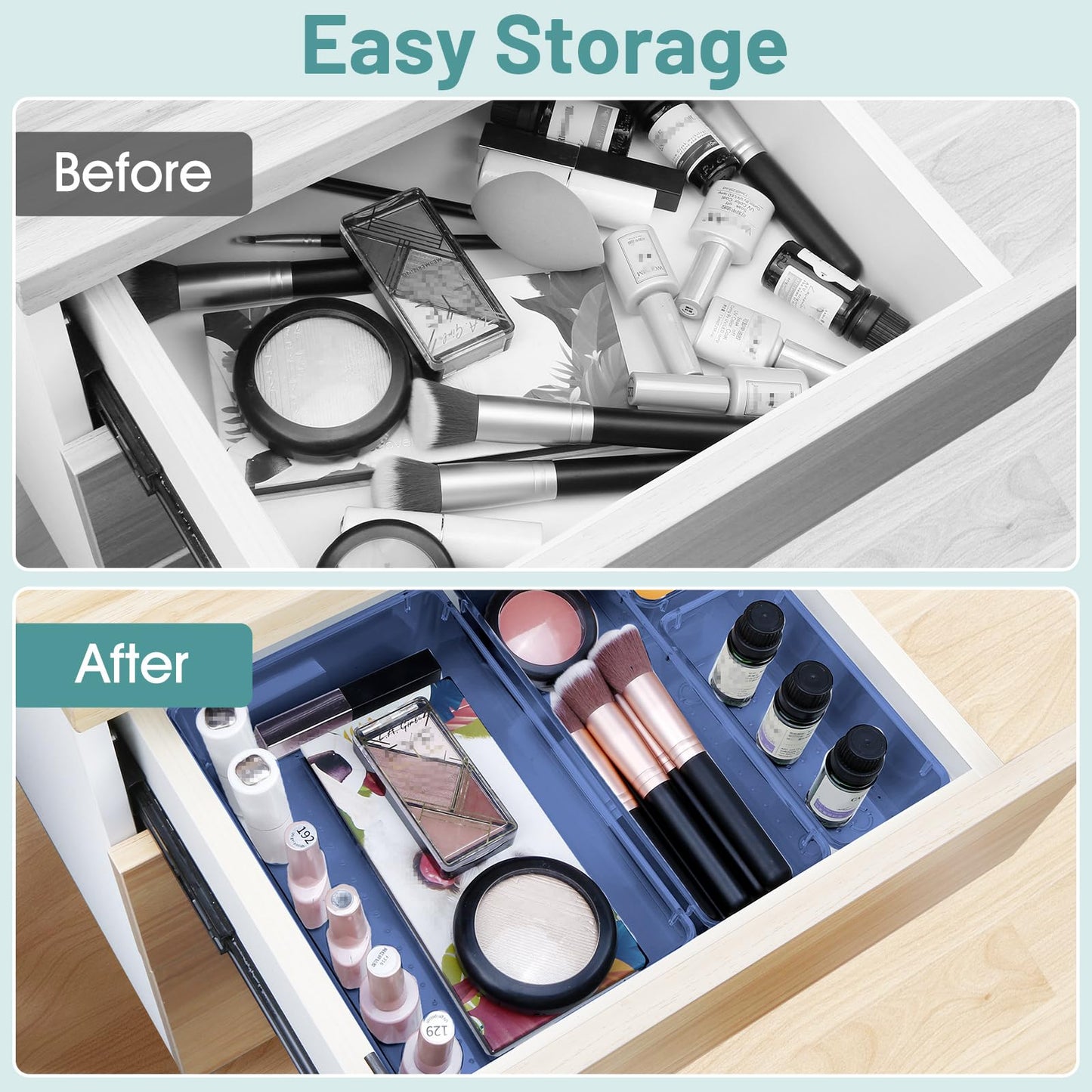 WOWBOX 25 PCS Plastic Drawer Organizer Set, 4 Sizes Desk Drawer Divider Organizers and Storage Bins for Makeup, Jewelry, Gadgets for Kitchen, Bedroom, Bathroom, Office, Clear Dark Blue