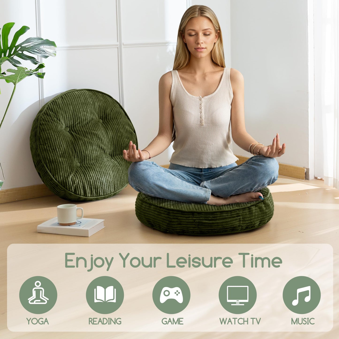 HIGOGOGO 4" Floor Pillow Cushion for Adults, Meditation Cushion Pillow, Large Round Floor Sitting, Tufted Corduroy Cover, for Tatami Living Room or Yoga, 22x22 Inch, Dark Green