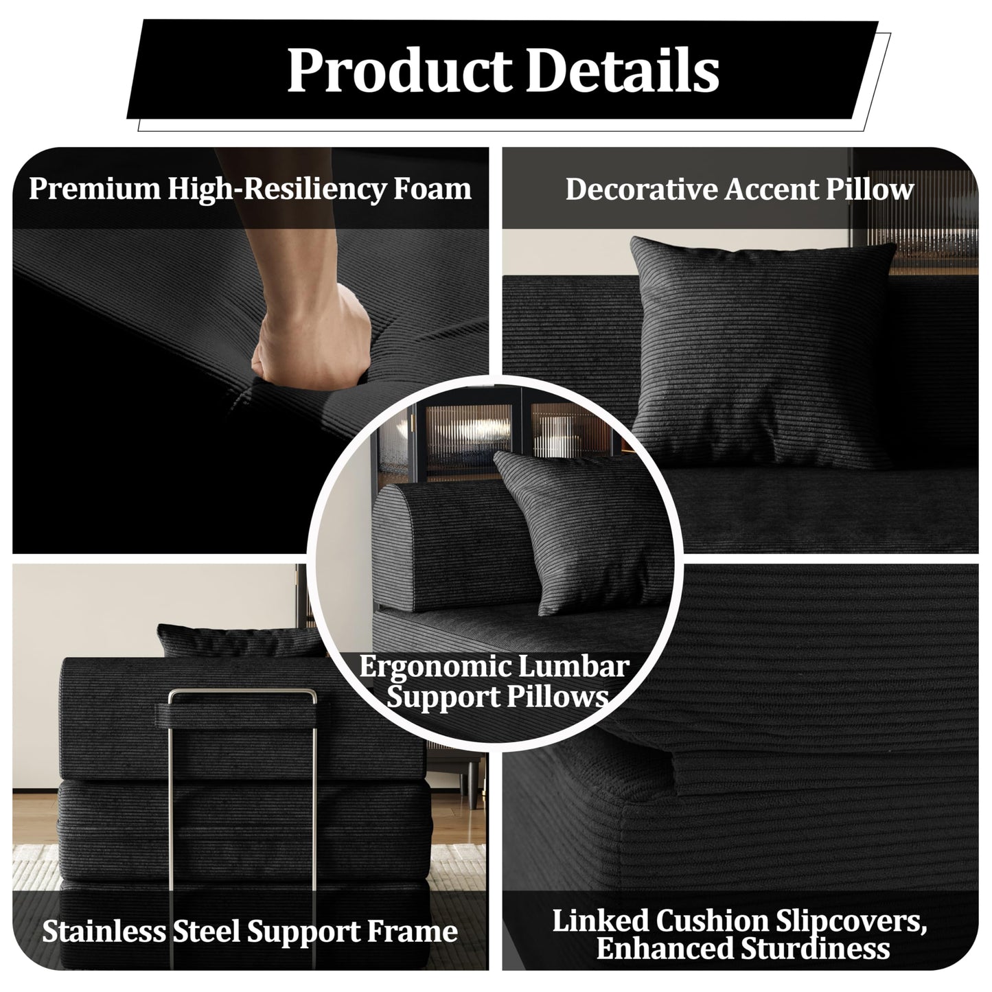 31.5'' Convertible Compressed Corduroy Folding Cloud Sofa Bed, Modern Boneless Pull Out Sleeper Sofa Couch in a Box, 3 in 1 Portable Lazy Floor Lounge Chair, No Assembly Needed, Black, Pillow, Single