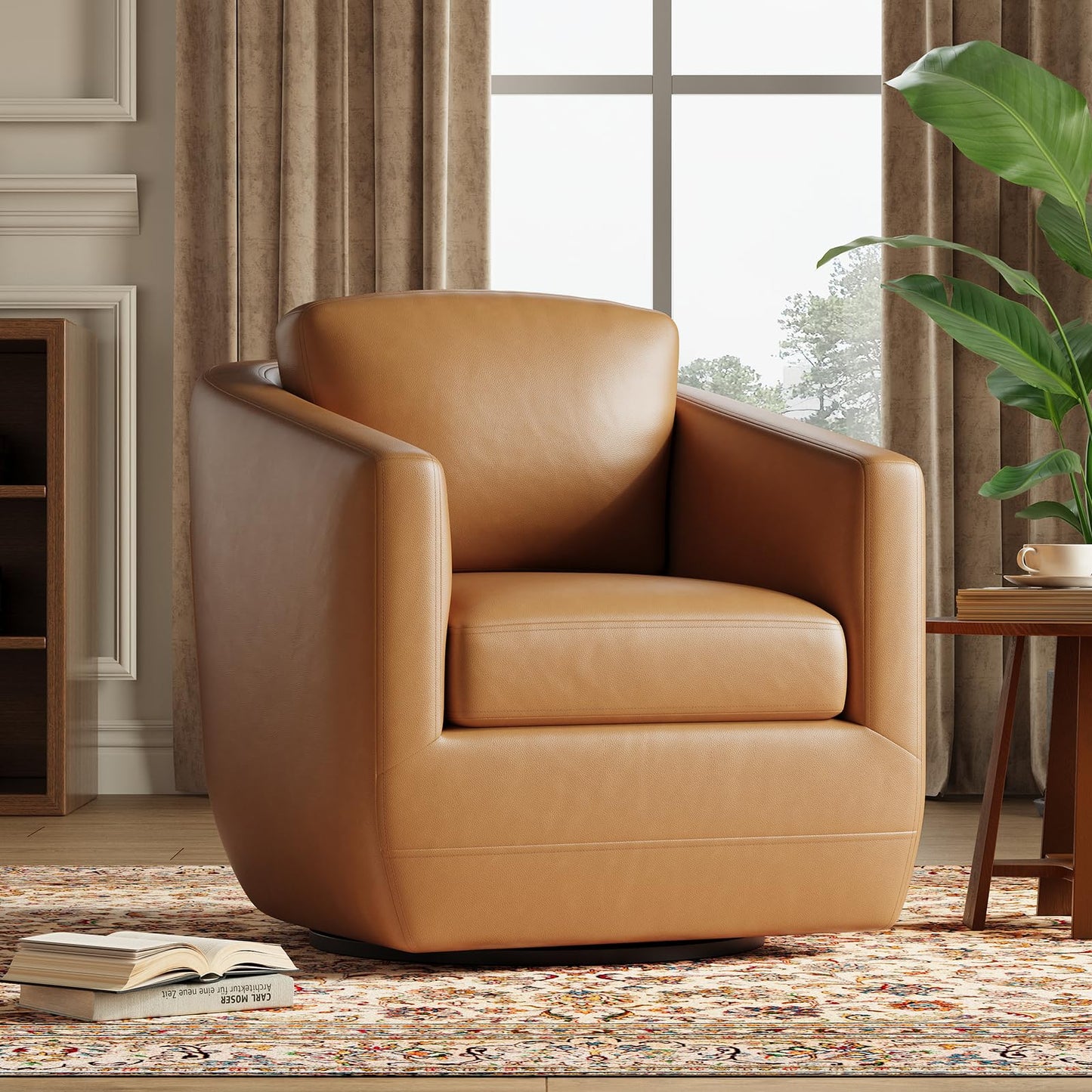 MALOL 360° Swivel Accent Chair- Comfy Living Room Armchair No-Sag Foam & Sturdy Metal Base with Pillow, Fully Assembled Swivel Accent Single Sofa for Bedroom Living Room, Office, Brown