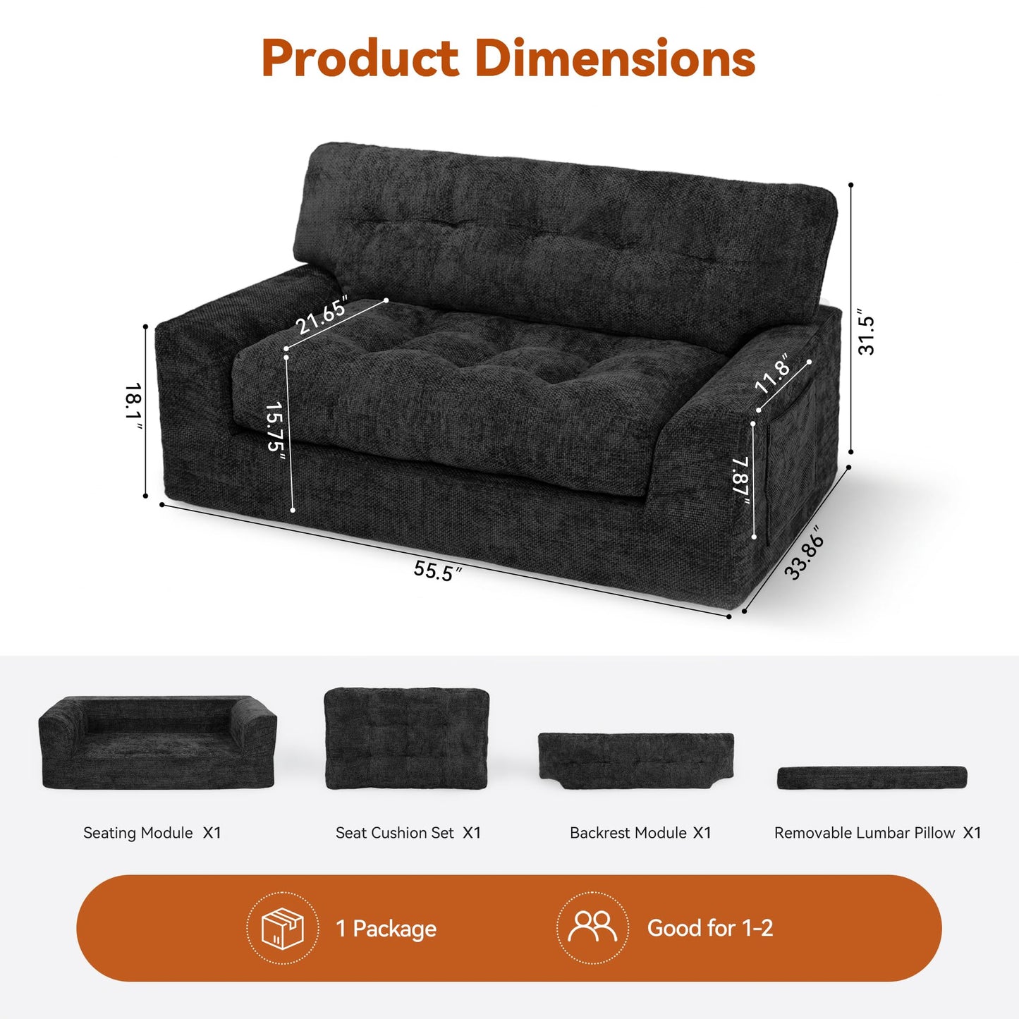 MONVANE 55.5" Convertible Loveseat Sofa Bed, 2-in-1 Boneless Sleeper Sofa Couch with Storage Pocket, Comfy Chenille Deep Seat Couch for Living Room, No Assembly Required, Black