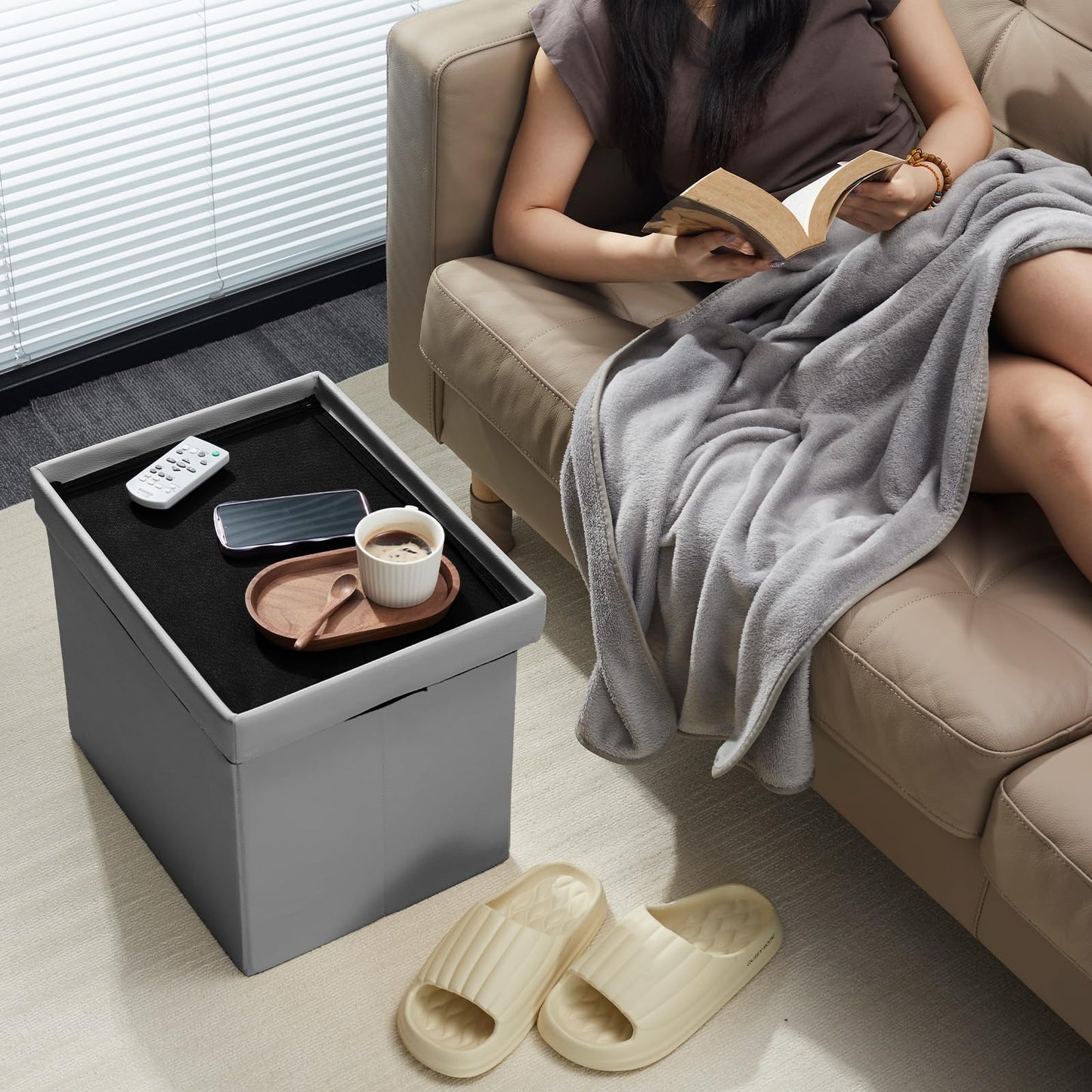 AmasSmile Storage Ottoman Folding Foot Rest Stool, Leather Footstool Bench, Short Ottoman Stool, Storage Foot Rest Store, Books (Grey, 17" D x 13" W x 13" H)
