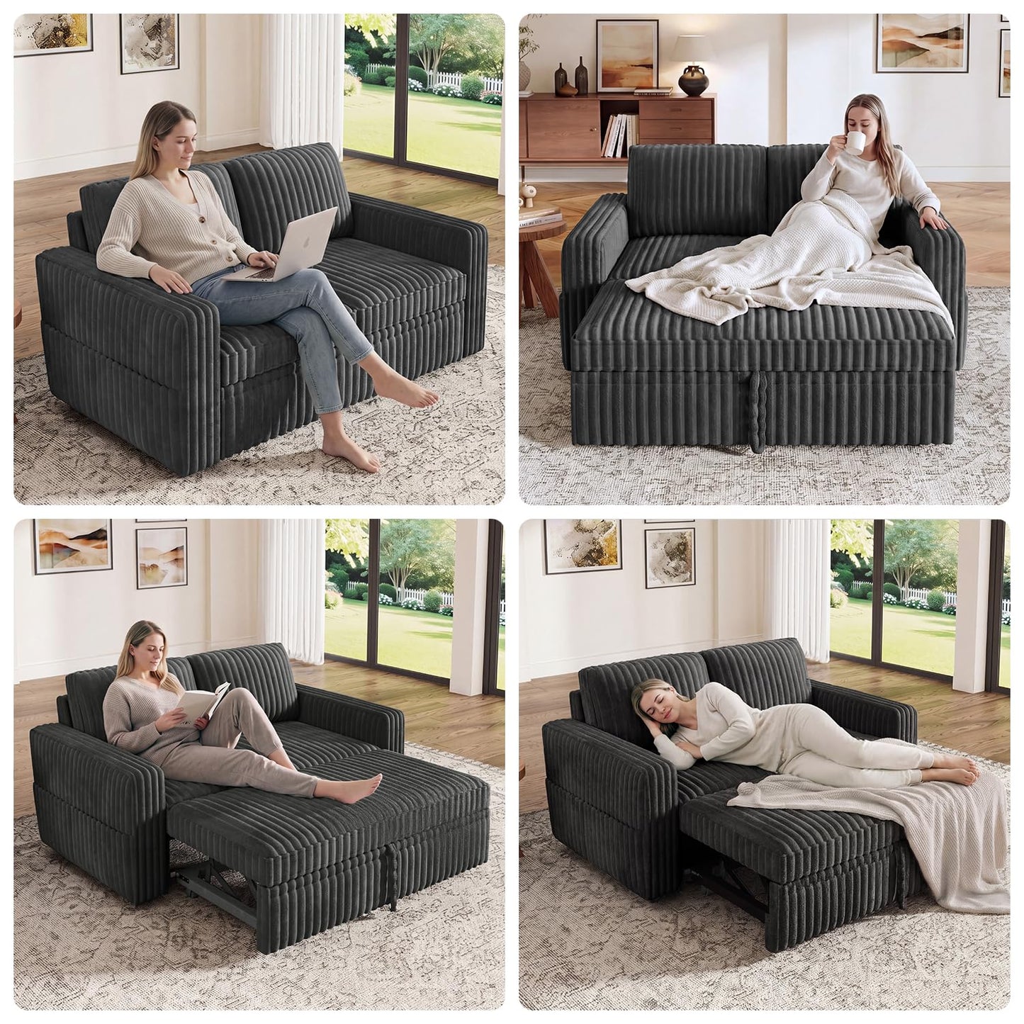 HONBAY Modular Pull Out Sofa Bed,Corduroy Loveseat, Couches for Living Room,Dark Grey